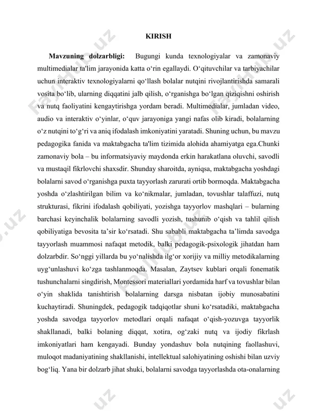 bgacha ta’limda savodga tayyorlash muammosi nafaqat metodik, balki pedagogik-psixologik jihatdan ham dolzarbdir. so‘nggi yillarda bu yo‘nalishda ilg‘or xorijiy va milliy metodikalarning uyg‘unlashuvi ko‘zga tashlanmoqda. masalan, zaytsev kublari orqali fonematik tushunchalarni singdirish, montessori materiallari yordamida harf va tovushlar bilan o‘yin shaklida tanishtirish bolalarning darsga nisbatan ijobiy munosabatini kuchaytiradi. shuningdek, pedagogik tadqiqotlar shuni ko‘rsatadiki, maktabgacha yoshda savodga tayyorlov metodlari orqali nafaqat o‘qish-yozuvga tayyorlik shakllanadi, balki bolaning diqqat, xotira, og‘zaki nutq va ijodiy fikrlash imkoniyatlari ham kengayadi. bunday yondashuv bola nutqining faollashuvi, muloqot madaniyatining shakllanishi, intellektual salohiyatining oshishi bilan uzviy bog‘liq. yana bir dolzarb jihat shuki, bolalarni savodga tayyorlashda ota-onalarning ham faol ishtiroki ta’minlanishi zarur. uy sharoitida berilgan mustahkamlovchi topshiriqlar, ertaklar orqali nutqni rivojlantirish, tovushli o‘yinlar yordamida fonematik anglashuvni shakllantirish – bularning barchasi pedagog bilan oilaning hamkorligida samarali natija beradi. hozirgi kunda texnologiyalar va zamonaviy multimedialar ta'lim jarayonida katta o‘rin egallaydi. o‘qituvchilar va tarbiyachilar uchun interaktiv texnologiyalarni qo‘llash bolalar nutqini rivojlantirishda samarali vosita …