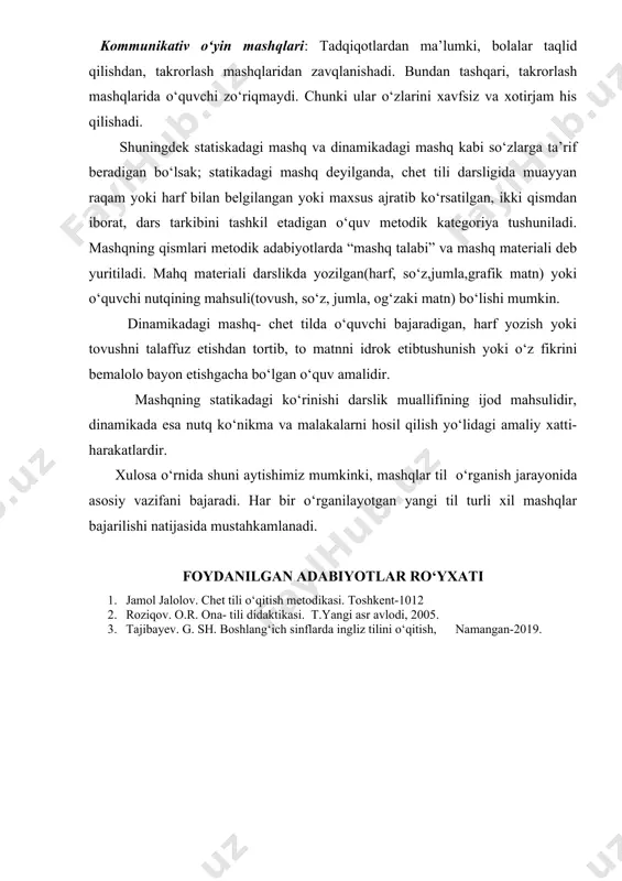 iqotlardan ma’lumki, bolalar taqlid qilishdan, takrorlash mashqlaridan zavqlanishadi. bundan tashqari, takrorlash mashqlarida o‘quvchi zo‘riqmaydi. chunki ular o‘zlarini xavfsiz va xotirjam his qilishadi. shuningdek statiskadagi mashq va dinamikadagi mashq kabi so‘zlarga ta’rif beradigan bo‘lsak; statikadagi mashq deyilganda, chet tili darsligida muayyan raqam yoki harf bilan belgilangan yoki maxsus ajratib ko‘rsatilgan, ikki qismdan iborat, dars tarkibini tashkil etadigan o‘quv metodik kategoriya tushuniladi. mashqning qismlari metodik adabiyotlarda “mashq talabi” va mashq materiali deb yuritiladi. mahq materiali darslikda yozilgan(harf, so‘z,jumla,grafik matn) yoki o‘quvchi nutqining mahsuli(tovush, so‘z, jumla, og‘zaki matn) bo‘lishi mumkin. dinamikadagi mashq- chet tilda o‘quvchi bajaradigan, harf yozish yoki tovushni talaffuz etishdan tortib, to matnni idrok etibtushunish yoki o‘z fikrini bemalolo bayon etishgacha bo‘lgan o‘quv amalidir. mashqning statikadagi ko‘rinishi darslik muallifining ijod mahsulidir, dinamikada esa nutq ko‘nikma va malakalarni hosil qilish yo‘lidagi amaliy xatti-harakatlardir. xulosa o‘rnida shuni aytishimiz mumkinki, mashqlar til o‘rganish jarayonida asosiy vazifani bajaradi. har bir o‘rganilayotgan yangi til turli xil …