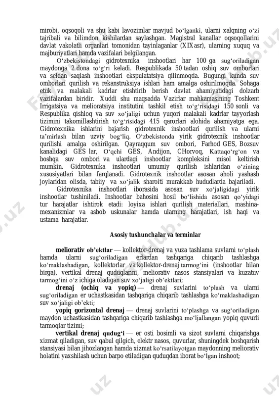 ildan oshiq ishlayotganligini ko‘rsatish mumkin. suv ilmiga katta etibor berilgan. suv oqimini rostlash, taqsimlash, daryo o‘zanini mustaxkamlash va boshqa shunga o‘xshash inshootlarni qurishda “to‘g‘onchilar” va shunga o‘xshash nomlar bilan ataluvchi, maxsus tajribaga ega bo‘lgan mutaxassislar ishlagan. o‘tmishda kadrlar masalasiga adolatli yondashishgan. ariq mirobi, oqsoqoli va shu kabi lavozimlar mavjud bo‘lganki, ularni xalqning o‘zi tajribali va bilimdon kishilardan saylashgan. magistral kanallar oqsoqollarini davlat vakolatli organlari tomonidan tayinlaganlar (xixasr), ularning xuquq va majburiyatlari hamda vazifalari belgilangan. o‘zbekistondagi gidrotexnika inshootlari har 100 ga sug‘oriladigan maydonga 2 dona to‘g‘ri keladi. respublikada 50 tadan oshiq suv omborlari va seldan saqlash inshootlari ekspulatatsiya qilinmoqda. bugungi kunda suv omborlari qurilish va rekanstruksiya ishlari ham amalga oshirilmoqda. sohaga etuk va malakali kadrlar etishtirib berish davlat ahamiyatidagi dolzarb vazifalardan biridir. xuddi shu maqsadda vazirlar mahkamasining toshkent irrigatsiya va melioratsiya institutini tashkil etish to‘g‘risidagi 150 sonli va respublika qishloq va suv xo‘jaligi uchun yuqori malakali kadrlar tayyorlash tizimini takomillashtirish to‘g‘risidagi …