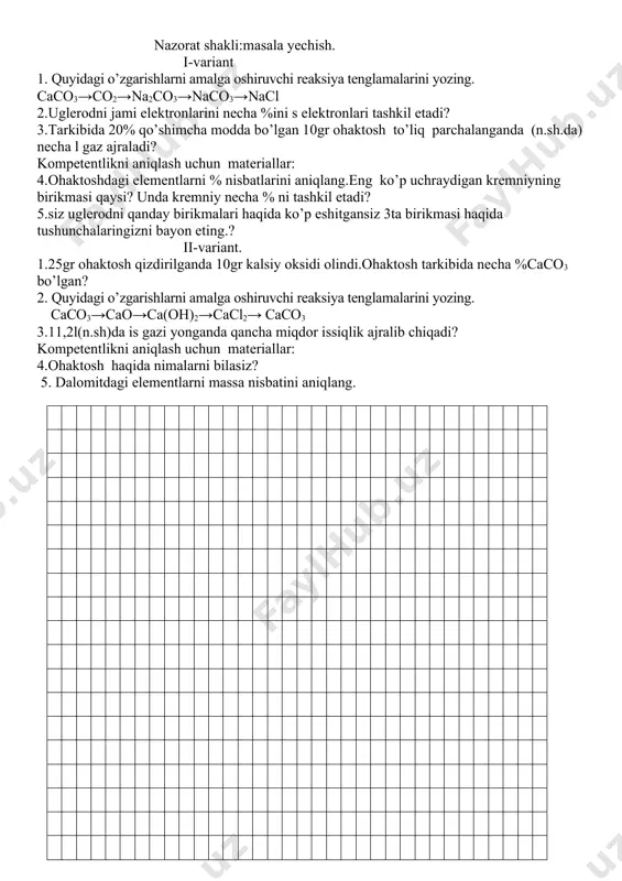 gan 5,1gr al2o3 elektroliz qilib necha gr al olish mumkin? a)2,43gr b)2,7gr s)5,4gr d)1,35gr 4xrom (vi)-oksid qanday oksid turiga kiradi? a) asosli b)kislotali s)amfoter d)a va b 5.cr+hcl=? cr+cl2=? .xromning qanday birikmalari hosil bo’ladi? a )crcl, crcl2 b)crcl2, crcl3 s)crhcl,crcl d)reaksiya bormaydi 6.cr elementini kim kashf etgan? a) berselius b) l.vaklen s) x.k.ersted d)a.m.butlerov. 7.mis atomining s va d elektronlar soni berilgan qatorni toping. a)8;9 b) 9;10 s)7;10 d) 6;8 8. 3cu + 8hno3(suyl) =3cu(no3)2+ 2no+ 4h2o reaksiya tenglamasining koeffitsiyenti yig’indisi nechaga teng? a)20 b)22 s)12 d)24 9.cr ning tashqi d qobig’ida nechta elektroni bor? a)4ta b)5ta s)6ta d)2ta 10.mn ning qaysi oksidi kislotalik xususiyatiga ega? a)mn2o3 b)mno3 s)mn2o7 d)b va s 11.8gr cu ga konsentrlangan nitrat kislota ta’sir ettirilganda (n.sh.da) l gaz ajraladi? a)5,6 l b)11,2 l s)2,24 l d)56 l 12.oltin qaysi modda bilan reaksiyaga kirishadi? a)mis kuporosi b) zar suvi s) xlorid kislota d)sulfat kislota 13.naoh +zn(oh)2=………… …