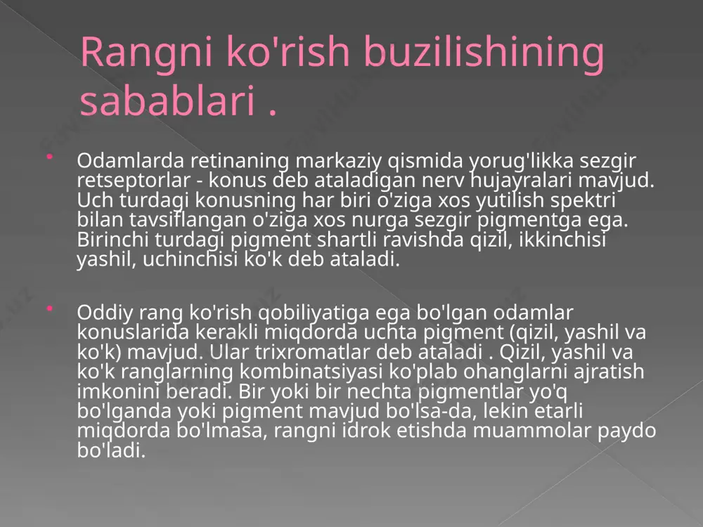usullari yordamida rang ko'rligini davolash mumkin. 2009 yilda nature jurnali ushbu texnologiyaning maymunlarda muvaffaqiyatli sinovdan o'tkazilgani haqida nashrni chop etdi, ularning ko'plari tabiiy ravishda ranglarni ajrata olmaydi. maxsus ko'zoynak linzalari yordamida rang idrokini tuzatish usullari ham mavjud . 1930-yillardan beri neodimiy linzali ko'zoynaklar qizil va yashil ranglarni idrok etish qobiliyati past bo'lgan odamlar uchun tavsiya etilgan ( protanomaliya va deuteranomaliya). shunga ko'ra, yaqinda aqshda paydo bo'lgan ko'p qatlamli linzali ko'zoynaklar rang ko'rligining engil shakllarida rangni idrok etishni yaxshilaydi. ushbu linzalarning stakanida neodimiy oksidi ham mavjud. e'tiboringiz uchun rahmat!!! image2.jpg image3.png image4.jpg image5.jpg image6.jpeg image7.jpg image8.jpg image9.jpg /docprops/thumbnail.jpeg