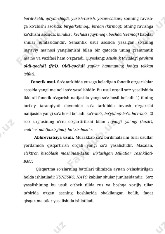qayrag‘och, biror, odamshavanda, santimetr kabilar hozirgi tilda ma’noli qismlarga ajralmaydigan sodda so‘zlardir. ba’zi o‘zlashgan qo‘shma so‘zlar ma’noli qismlarga ajralishi ham mumkin: fotokavera, kinoteatr, kinolenta, fotomodel kabilar shular jumlasidandir. adabiyotlar 1. м.мирзаев, с.усмонов, и.расулов узбек тили. т., «укитувчи» 1978. 2. ш. шоабдурахмонов, м.аскарова, а.хожиев, и.расулов, , х.дониёров хозирги њзбек адабий тили. т., «укитувчи» 1980. 3. м.ирскулов тилшуносликка кириш. т., «укитувчи» 1992. 4. а.баскаков, а. содиков, а.абдуазизов умумий тилшунослик. т., «укитувчи» 1981. 5. х.неъматов, о.бозоров тил ва нутк. т., «укитувчи» 1993. 6. у.турсунов, ж.мухторов, ш.рахматуллаев хозирги њзбек адабий тили.. 1-кисм. т., «укитувчи» 1979. 7. n. turniyozov a.rahimov o‘zbek tili (ma’ruzalar matni) 8. www.ziyonet.uz