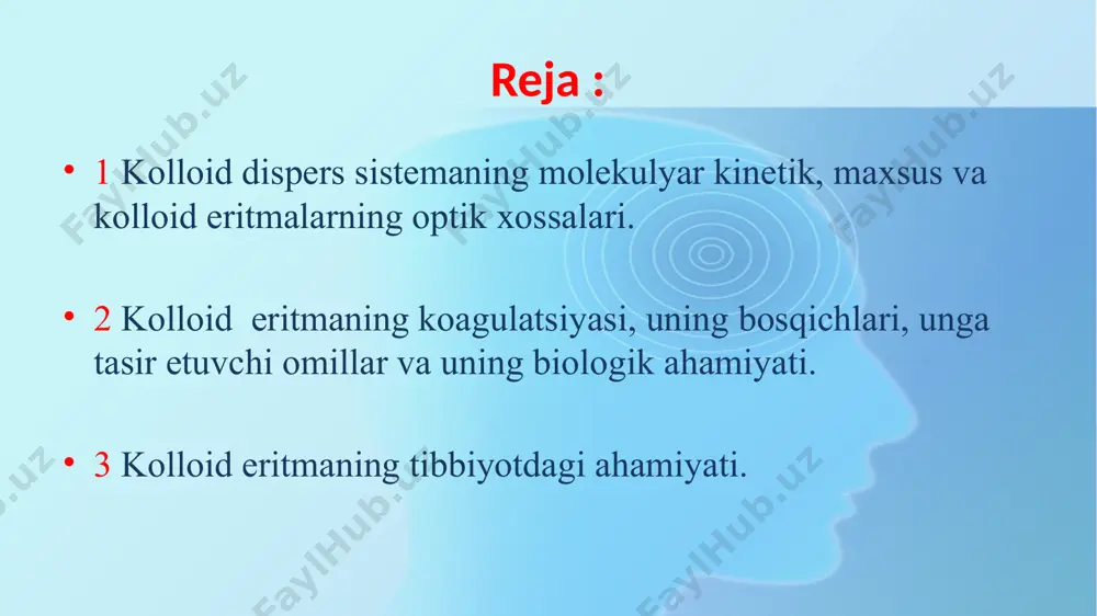 ga e’tibor berish kerak. haqiqatan ham, izotonik eritmani nacl dan emas, balki teng konsentratsiyadagi birorta boshqa ko‘p zaryadli ionlardan, masalan mgs04 dan tayyorlansa ikki zaryadli ionlar kolloidlarga nacl ga nisbatan ancha kuchli koagullovchi ta’sir ko‘rsatadi. elektrolitlardagi antagonizm va sinergizm hodisalari biologik ob’ektlarga ham ta’sir ko‘rsatadi. ma’lumki, 0,12mnacl va cac12 eritmalari bug‘doy ildizlarining o‘sishini to‘xtatib qo`yadi. lekin bu eritmalarning ma’lum nisbatlari olinganda elektrolitlar aralashmasining salbiy ta’siri bartaraf etiladi. kolloid eritmalarni barqarorligini taminlash uchun, ular tozalanishi kerak.. bu usullardan dializ, elektrodializ va gelfiltratsiya usullari tibbiyotda biologik suyuqliklarni tozalash uchun qo’laniladi. uzoq muddat saqlash kerak bo’lga zollarni olishda kolloid himoya keng qo’laniladi. ko’p dori-darmonlar shunday zollar qatoriga kiradi. kollargol va protargollarni tayyorlashda jelatindan himoyalovchi modda sifatida qo’lash mumkin bo’ladi. etiboringiz uchun raxmat! image1.png image2.jpeg image3.jpeg image4.jpeg image5.png /docprops/thumbnail.jpeg