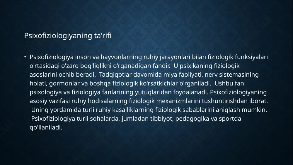 oshlanadi. xix asrda psixofiziologiya mustaqil fan sifatida shakllana boshladi. xx asrda psixofiziologik tadqiqotlarning rivojlanishi yangi texnologiyalar va usullar bilan bog'liq. elektroensefalografiya va boshqa usullar psixofiziologik tadqiqotlar uchun yangi imkoniyatlar yaratdi. hozirgi kunda psixofiziologiya jadal rivojlanmoqda. yangi usullar va texnologiyalar psixofiziologik tadqiqotlarning samaradorligini oshirmoqda. psixofiziologiya turli sohalarda qo'llanilishi bilan o'zining ahamiyatini yanada oshirmoqda. psixofiziologiyaning rivojlanish tarixi zamonaviy texnologiyalar psixofiziologiyaning rivojlanishiga katta hissa qo'shmoqda. funksional magnit-rezonans tomografiya (fmri) miya faoliyatini aniqroq o'rganish imkonini beradi. magnit-ensefalografiya (meg) miyaning magnit maydonlarini o'lchash orqali miya faoliyatini o'rganishga imkon beradi. kompyuter texnologiyalari psixofiziologik ma'lumotlarni qayta ishlashni va tahlil qilishni soddalashtiradi. virtual reallik texnologiyalari eksperimental tadqiqotlarni o'tkazishda qo'llaniladi. ushbu texnologiyalar psixofiziologiyaning yanada rivojlanishi va yangi kashfiyotlar qilish imkonini beradi. yangiliklar doimo psixofiziologiya faniga yangi ufqlarni ochib bermoqda. psixofiziologiya va zamonaviy texnologiyalar kelajakda psixofiziologiya fanining rivojlanishi davom etadi. yangi texnologiyalar va usullar psixofiziologik tadqiqotlarning samaradorligini yanada oshiradi. psixofiziologiyaning turli sohalarda qo'llanilishi kengayadi. psixofiziologik bilimlar inson salomatligini va turmush …