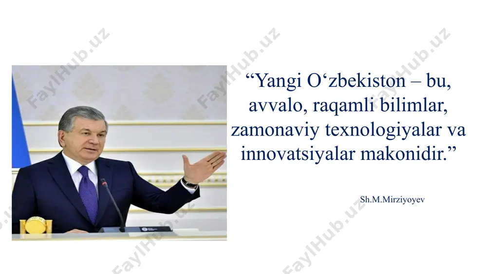 sh, baholash va tahlil qilish jarayonlarini raqamli tizimlar yordamida amalga oshirish. 4 ta’limiy elektron resurslar bazasini shakllantirish: maktab miqyosida o‘qituvchilar tomonidan yaratilgan dars ishlanmalari, elektron darslar, video darslar va boshqa raqamli materiallarni to‘plab, ulardan umumiy foydalanish tizimini yaratish. 01 oʻzbekiston respublikasining “taʼlim toʻgʻrisida”gi qonuni: 2020-yil 23-sentyabr, оʻrq-637-son meʼyoriy-huquqiy hujjatlar 02 oʻzbekiston respublikasi prezidentining “oʻzbekiston respublikasi xalq taʼlimi tizimini 2030-yilgacha rivojlantirish konsepsiyasini tasdiqlash toʻgʻrisida”gi farmoni: 2019-yil 29-aprel, pf-5712-son 03 “ta’lim-tarbiya tizimini yanada takomillashtirishga oid qo‘shimcha chora-tadbirlar to‘g‘risida” o‘zbekiston respublikasi prezidentining qarori, 06.11.2020 yildagi pq-4884-son 04 oʻzbekiston respublikasi prezidentining “2022–2026 yillarga moʻljallangan yangi oʻzbekistonning taraqqiyot strategiyasi toʻgʻrisida”gi farmoni: 2022-yil 28-yanvar, pf-60-son mavzuga oid adabiyotlar s.eshqobilov oʻquv-tarbiyaviy ishlarni boshqarishda axborot tizimlaridan foydalanish. metodik qoʻllanma – toshkent: a.avloniy nomidagi milliy-tadqiqot instituti, 2022. n.m.xamidova , d.sh.xolboyeva (2021). axborot-kommunikatsiya texnologiyalari va taʼlim. – toshkent: “fan va texnologiya” nashriyoti. m.m.to‘xtayeva (2020). elektron ta’lim tizimlari va ularning zamonaviy ta’limdagi o‘rni. – toshkent: tdpu nashriyoti. m.qodirova va boshqalar. (2022). …