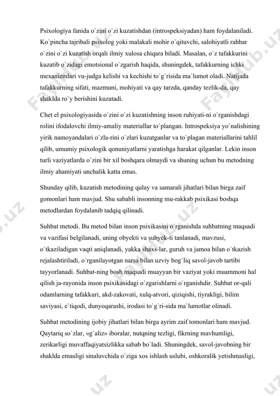 texnik, ba-diiy va adabiy qobiliyati, ijodiy xayoli yuzasidan materiallar to`plash mumkin. obyekt bilan subyekt o`rtasida muloqot o`rnatish uchun shaxsning psixikasi to`g`risida sirtdan muayyan hukm va xulosa chiqariladi. ijodiy faoliyat mahsullariga kundalik, sxema, ixtiro, diagramma, kashfiyot, qurilma, asbob, texnik model, moslama, mil-liy kashtachilik, hunarmandchilik, zargarlik buyumlari, referat, kurs va malakaviy bitiruv ishlari, magistrlik dissertatsiyasi, ilmiy ma`ruza, konspekt, taqriz, tezis, maqola, ko`rsatmali qurollar, loyiha, konsepsiya, san`atkor, artist va baxshi ijodiyoti kabilar kiradi. bular turli yoshdagi, jinsdagi va kasbdagi odamlar tomonidan yara-tilgan bo`lishi va shunga ko`ra shakli, mazmuni, sifati, originalli-gi, hajmi, ko`rinishi, xususiyati bilan bir-biridan keskin tafovut qilishi mumkin. ijodiy faoliyat mahsullarini tahlil qilish orqali bolalar, o`quvchilar, talabalar, konstruktorlar, olimlar, hunarmandlar, ish-chilar, dehqonlar psixik xususiyatlari to`grisida ma`lumotlar to`plash mumkin. lekin insondagi psixik o`zgarishlar, kamol topish va bu-larning kechishini ifodalovchi materiallar yigish uchun bu metod-ningo`zi yetmaydi. shuninguchun inson psixikasini o`rganish maqsa-dida boshqa metodlardan ham foydalanishi ma`qul. test metodi. test - inglizcha so`z bo`lib, sinash, …