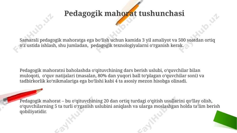 pedagogik g‘oyalarni sinab ko‘rish va kamida 2 ta turli ta’lim muhitida ishlash pedagogik mahoratni yuksaltirishga yordam beradi. pedagogik mahoratni shakllantirishda o‘qituvchining o‘z ustida muntazam ishlashi, kamida 5 yillik amaliy tajriba orttirishi va pedagogika fanidan chuqur bilim egallashi muhim ahamiyatga ega. o‘qituvchilarning professional rivojlanishi uchun 3 ta asosiy yo‘nalish – o‘z ustida ishlash, mentoring va treninglar orqali kamida 100 soatlik malaka oshirish kurslarini o‘tash samarali hisoblanadi. e'tiboringiz uchun rahmat @taqdimot_robot image2.png image1.png