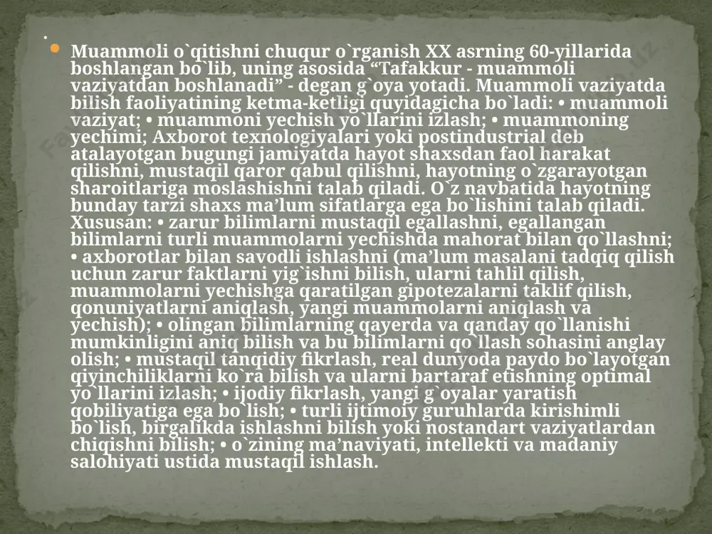 o – izlayapman, topyapman, kashf etyapman) inson ijodiy faoliyatini, shuningdek yangi kashfiyotlarni yaratishda qo`llanadigan usullarni o`rganadigan fan sifatida psixologiya, kibernetika, strukturali lingvistika, axborot nazariyasi chegarasida rivojlanadi. evristika yangi vaziyatda yangi harakatlarni qurish qonuniyatlarini o`rganadigan fan deb tushunish mumkin. . evristik usullar, masalan, dastlabki ma`lumotlar to`la yoki ishonchli bo`lmagan holda hosil bo`lgan ijodiy masalaning ishga yaroqli lekin doim ham optimal bo`lmagan yechimini topish ehtimolini oshiradi. evristik uslublar juda murakkab, ko`zda tutilmagan vaziyatlarda ham yechimini topish imkonini beradi. evristika maqsadga erishishga ko`maklashadigan harakatlar uslubini belgilaydi. tafakkur- inson ongining bilish ob`ektlari hisoblanmish narsa va hodisalar o`rtasida murakkab, har tomonlama aloqalarning bo`lishini ta`minlovchi umumlashgan va mavhumlashgan aks ettirish jarayonidir. . muammoli ta’limga tayyorgarlik ko`rishda o`qituvchilar qator qiyinchiliklarga duch keladilar. bu qiyinchiliklarni yengishda o`qituvchini innovatsion ijodiy laboratoriyasining ahamiyati katta. ana shunday qiyinchiliklardan biri darsni muammoli tashkil qilish va muammoni o`rganish usulini tanlashdadir. chunki tanlangan usul faqat o`quv materialini o`zlashtirishni ta’minlabgina qolmay, balki o`quvchilar faoliyatida mustaqillikni …