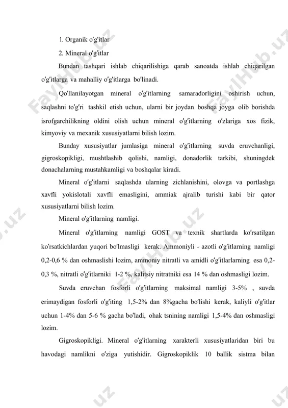 ri 12 balli sistemada baholanadi. mineral o’g’itlarning bu xususiyatlari ularning xar xil mexanizmlari bilan yerga sepadigan paytda ekin maydonlari yuzasiga bir tekisda sochilib tushishida muhim ahamiyatga ega. donadorlik tarkibi. bu o’g’itlar donadorlikning o’lchami bo’lib xar xil o’lchamdagi elakdan o’tkazish yo’li bilan aniqlanadi. har xil fraktsiyalarning foiz miqdori o’g’itlarning qotib qolishi va sochiluvchanligiga taosir qiladi. bir xil o’lchamga ega bo’lgan o’g’itlarni mexanizmlar bilan yerga sepilganda agregatning qamrov kengligiga mos ravishda tushadi. donachalarning mustahkamligi. bu mineral o’g’itlarning namligiga donachalarning o’lchami va shakliga bog’liq. donachalarning mustahkamligini muhanik usulda katta kuch bilan singirish yokislotali parchalash bilan maxsus moslamalarda olib boriladi. azotning o’simliklar oziqlanishidagi roli azot bu o’simliklarning oziqlanishida eng muhim elementlardan biridir. azot hamma oddiy va murakkab oqsillar tarkibiga kiradigan element bo’lib bu o’simlik hujayrasi tsitoplazmasining tarkibiy qismini tashkil etadi. organizmlardagi moddalar almashinuvi jarayonida muhim ahamiyatga ega bo’lgan rnk va dnk tarkibiga kiradi. azot xlorofill tarkibida fosfatlar, alkaloidlar, fermentlar va boshqa o’simlik hujayrasidagi organik …