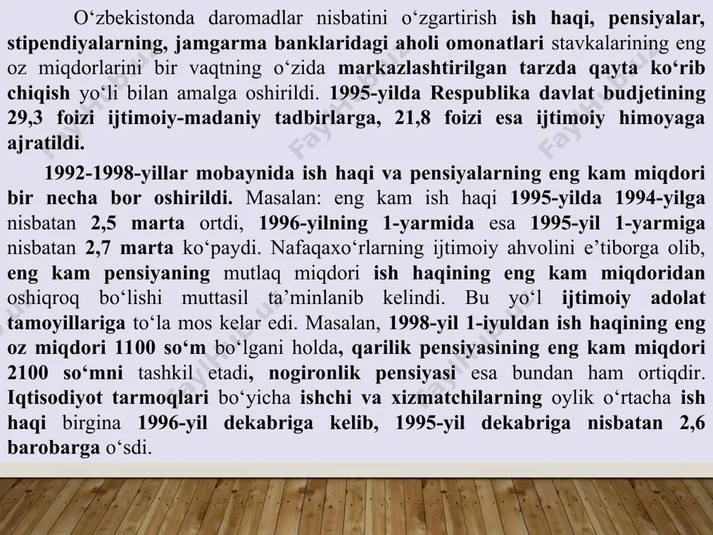 ‘quv yurtlari o‘qituvchilari) 50 % miqdorida imtiyoz berish; kommunal xizmat ko‘rsatish va kvartira haqi to‘lashdan to‘liq ozod etish (1-darajali «soglom avlod uchun» ordeni bilan mukofotlanganlar oilasi, yolg‘iz pensionerlar); elektr energiyasidan foydalanganligi uchun 50 % chegirma berish (oyiga 110 kv.s.) (nogironlar oilasi); yer solig‘i to‘lashdan ozod etish (16 yoshgacha bo‘lgan 5 va undan ortiq ko‘p bolali oilalar, nogironlar oilalari); olinayotgan barcha daromadlardan soliqqa tortilmaydigan minimal daromadning 4 karrasi miqdorida (16 yoshgacha bo‘lgan 2 va undan ortiq farzandli yolg‘iz onalar); 16 yoshgacha bo‘lgan 2 va undan ortiq farzandi bo‘lgan yolg‘iz ota, bevalar va boquvchisini yo‘qotganligi uchun nafaqa olayotganlar barcha daromadlarining 30 % dan; yoshligidan nogiron bo‘lib qolgan bolalarni tarbiya qilayotgan ota yoki onadan birortasi daromad solig‘ining 30 % ni to‘lashdan ozod etiladi. “eng olis hududlarda ham tadbirkorlikni rivojlantirish uchun, avvalo, aholiga tadbirkorlik bo‘yicha yetarlicha tushuncha va bilim berishimiz kerak. tadbirkorlarga imkoniyat va sharoit yaratib bersak, ular o‘zlarini ham, aholini ham ish bilan …