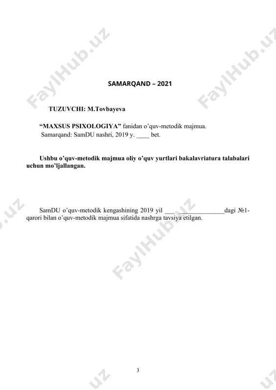 anish tarixi. maxsus psixologiyaning klinik, diagnostik va tadqiqot jabhalari. mkb-9. mkb-10. dsm-iv. turli nuqsonlar klassifikatsiyasi va ularning baholanishi. anomal bola tushunchasi.simptom va simptomatika tushunchasi. e.krepelin tadqiqotlari. oligofreniya va demenitsiya. demensiya va geniallik. disleksiya, disgrafiya va diskalkuliya tadqiqi. surdopsixologiyaning nazariy asoslari. eshitishida nuqsoni bo‘lgan bolalarning psixologik xususiyatlari surdopsixologiyaning fan sifatida rivojlanishi va tarkib topishi uchun zaruriy omillar. surdopsixologiyani o‘rganish ob’ektlari: tug‘ma kar-soqov bolalar, hayot davomida kar-soqov bo‘lib qolgan shaxslar, zaif eshituvchi shaxslar. surdopsixologiyani o‘rganish uslublari: kuzatish, anketa, test, biografiya va h. surdopsixologiyani boshqa fanlar bilan bog‘liq ravishda rivojlanishi. surdopsixologiyaning hozirgi davrdagi dolzarb muammolari. eshitishida nuqsoni bo‘lgan bolalarning psixologik xususiyatlari yozma va daktil nutqning bola psixosotsial rivojlanishidagi kompensator ahamiyati. imo-ishorali nutq ahamiyati. kar bolalarda nutq rivojlanmasligining o‘ziga xosligi. kar-soqov va zaif eshituvchilarda kognitiv jarayonlarning o‘ziga xosligi. kar-soqov bolalar bilan ishlash davomida psixolog faoliyatini tashkil etishning o‘ziga xos xususiyatlari. tiflopsixologiya fani, vazifalari va uslubiyati. ko‘rishida nuqsoni bo‘lgan bolaning o‘ziga xos xususiyatlari ko‘rish organining …