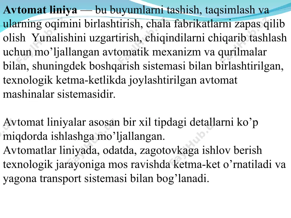 t v — liniyaning umumiy ish vaqti; t f — ish vaqtining umumiy fondi. liniya kancha unumli ishlasa, ki.i birga shuncha yaqin bo’ladi. jarayonlar uzluksiz bo’lganda avtomat liniyalarning ki.i =0,85 — 0,95 ga, diskret jarayonlarda esa 0,65 — 0,80 ga teng bo’ladi. liniyaga kiritilgan stanoklarning ish unumi ishlab chiqarish masshtablariga va texnologik jarayonning harakteriga qarab avtomat liniyalarning struktura sxemalari har xil ko’rinishga ega bo’ladi. ketma-ket ishlaydigan stanoklardan tuzilgan avtomat linnyalar operatsiyaning davomliligi ishlab chiqarish sur’atiga mos kelgan holda, parallel ishlaydigan stanoklardan tuzilgan liniyalar esa bir operatsiyaning davomliligi zarur ishlab chiqarish sur’atidan ancha ortiq bo’lganda va bitta texnologik operatspyani bajarishda qullaniladi. bu sxemada ta’minlash mexanizmlari zagotovkalarni liniyadagi ish mashinalariga avtomatik tarzda taqsimlaydi. bu erda ishlov berib bo’lingandan so’ng zagotovkalar qabul qiluvchi chiqarish qurilmalarida to’planadi va omborga yoki keyingi ishlovga yuboriladi. ajratilgan vaqti berilgan sur’atdan ziyodroq bo’lgan bir nechta texnologik operatsiyani bajarish uchun parallel ishlaydigan bir nechta liniyadan iborat ko’p potokli avtomat …