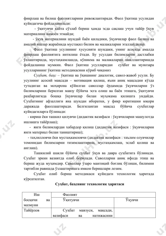 қолиш ва англаш). ташкилий шакли бўйича суҳбат ўқув ва давра суҳбатига бўлинади. суҳбат эркин вазиятда олиб борилади. саволларни аниқ ифода этиш ва бериш жуда муҳимдир. саволлар ўзаро мантиқий боғлиқ бўлиши, билимни тартибли равишда ўзлаштиришга имкон беришлари лозим. суҳбат олиб бориш методикаси қуйидаги технологик ҳаритада кўрсатилган. суҳбат, баҳснинг технологик ҳаритаси иш босқичи ва мазмуни фаолият ўқитувчи ўқувчи тайёрлов суҳбат мавзуси, мақсади, вазифаси ва натижасини аниқлайди; кўргазма қуролларни танлайди; ташкил қилиш ва олиб боришни пухта ўйлаб чикади; савол бериш тартиби. қайси асосий ҳолатлар бўйича умумлаштириш, хулоса қилиш кераклигини аниқлайди. босқич суҳбатга кириш қисқача маълумот тарзида ўқув суҳбатининг мавзусини, вазифасини эълон қилади, ушбу мавзу бўйича эгаллаган билим ва маҳорат ҳақида эслатади. босқич суҳбат суҳбат давомида ўқувчиларнинг алоҳида мулоҳазаларини умумлаштиради, қўйилган вазифаларга мос равишда уларни тўлдиради. барча ўқувчиларни суҳбатда фаол қатнашишларига эришишга ҳаракат қилади. тўғри жавобларни махқуллайди, нотўғри ёки тўлиқ бўлмаганларни шарҳлайди, аниклайди. нотўғри жавоб берган ўқувчига ўз хатосини ўзи топишни таклиф этади. у …