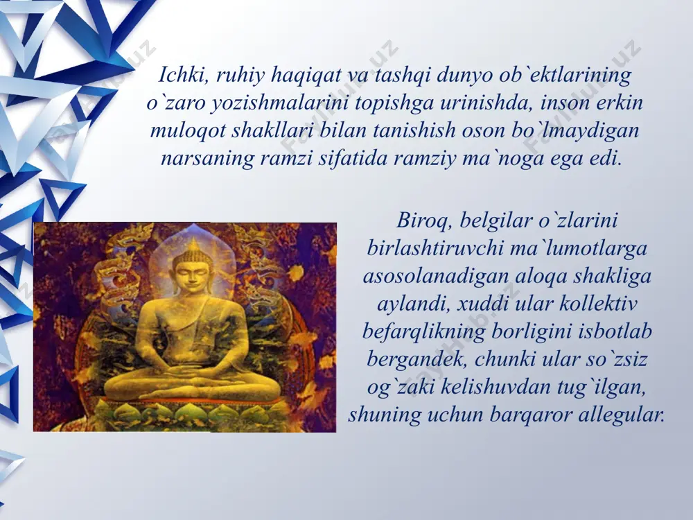 adi. bu yo‘l juda og‘ir va faqat monaxlargina nirvana holatiga yetishi mumkin. maxayana esa budda tanasi jonzotlarni azobdan qutqarish uchun turli jonzot formasiga kirishi mumkin va hayot zanjiridagi barcha uni o‘rganishi, anglashi mumkin deydi. bu narsa cheksiz budda ramlarini, xudolarni kelib chiqishga sabab bo‘ldi. bu xudolarga ishonish yo‘llari barchaga mumkin. adabiyotlar: mo’minov a.q. dinshunoslik asoslarini o’qitish va o’rganishning yagona kontseptsiyasi. toshkent, 1999. radugin a.a. vvedenie v religiovedenie. m., 1996. ugrinovich d.m. vvedenie v religiovedenie. m., 1985. fromm e. psixoanaliz i religiya.//fromm e. imet ili bit? m., 1990. zakon bojiy: vtoraya kniga o pravoslavnoy vere. volgograd, 1987. jo’raev u. saidjonov y. dunyo dinlari tarixi. t., 1998. men a. istoriya religii. m., 1994. mifi narodov mira. v 2-x tomax. m., 1973. image2.jpg image3.jpeg image4.jpeg image5.jpeg image6.jpeg image7.jpeg image8.jpeg image9.jpeg image10.jpeg image11.jpeg image12.jpeg image13.jpeg image14.jpeg image15.jpeg image16.jpeg image17.jpeg image1.jpeg