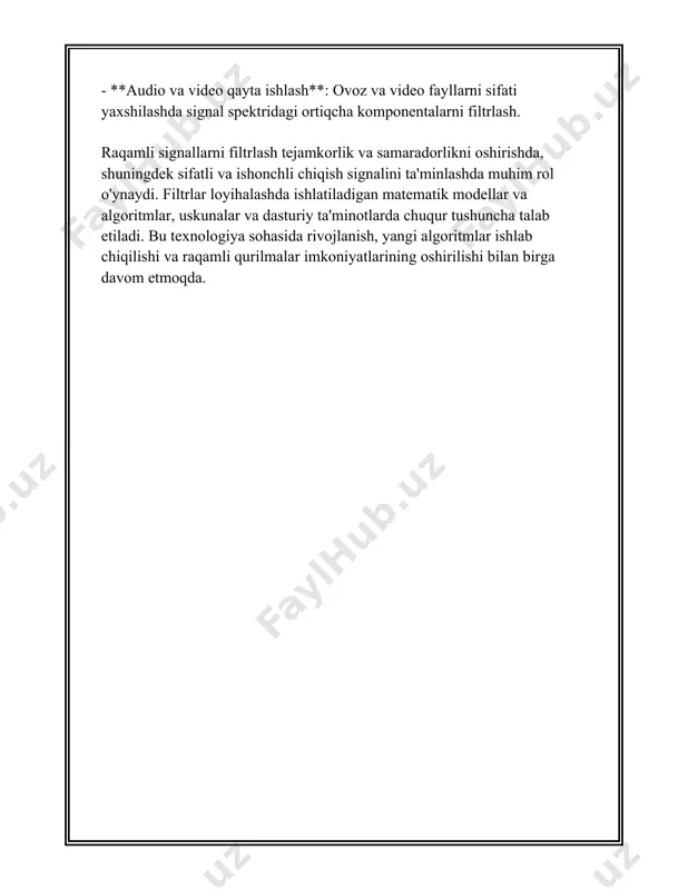 hal qiluvchi qudratli vositadir, ayniqsa raqamli signallarni tahlil qilishda va qayta ishlashda. bu qancha ko'p ma'lumot bilan signalga ishlov berish kerak bo'lsa, lti tizimlar shunchalik keng qo'llaniladi. 3. iir va fir filtrlari iir (cheksiz impuls javobaning) va fir (chegaralangan impuls javobaning) filtrlari raqamli signallarni ishlov berishda muhim tushunchalardan biridir. ular turli xil tizimlarda va jarayonlarda signallarni qayta ishlashda qo'llaniladi. ushbu filtrlarga oid ba'zi asosiy ma'lumotlar va raqamlar quyida keltirilgan: ### iir filtrlari 1. **iir filtri tavsifi:** - iir filtrlari osonlik bilan cheksiz javoblarga ega bo'lishi mumkin. bu shuni anglatadiki, filtrning impuls javobi vaqt o‘tishi bilan nolga ulanmaydi, balki cheksiz davr davomida davom etadi. 2. **tuzilishi:** - iir filtrlari odatda farqi tenglamalari orqali tavsiflanadi: \[ y(n) = \sum_{k=0}^{n} b_k x(n-k) - \sum_{j=1}^{m} a_j y(n-j) \] bu yerda \( y(n) \) chiqish signali, \( x(n) \) kirish signali, \( b_k \) va \( a_j \) esa filtr koeffitsiyentlaridir. 3. **afzalliklari:** - iir …