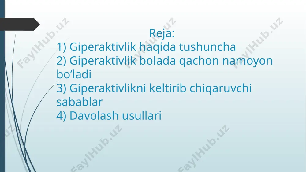 a buzg'unchi xatti-harakatlar (itoatsizlik va tajovuzkorlik) bilan, qizlarda esa beparvolik bilan namoyon bo'ladi. ba'zi tadkikotlarga ko'ra, sochlari ochiq va ko'k ko'zli evropaliklar kasallikka ko'proq moyil. qizig'i shundaki, ichida turli mamlakatlar kasallanish darajasi sezilarli darajada farq qiladi. masalan, london va tennesi shtatlarida olib borilgan tadqiqotlar dehb kasalligini bolalarning 17 foizida topdi. munozarali fikrlar. tibbiyot sohasidagi qator etakchi mutaxassislar va jamoat tashkilotlariinson huquqlari bo'yicha fuqarolar komissiyasi, shu jumladan, bolada diqqat etishmasligi giperaktivligi buzilishining mavjudligini rad etadi. dehbning namoyon bo'lishi ularning nuqtai nazaridan temperament va xarakterning o'ziga xos xususiyati hisoblanadi, shuning uchun ularni davolash mumkin emas. ular faol bola uchun tabiiy bo'lgan harakatchanlik va qiziqishning namoyon bo'lishi yoki shikastlanadigan vaziyatga javoban yuzaga keladigan norozilik harakati - suiiste'mollik, yolg'izlik, ota-onaning ajralishi bo'lishi mumkin boladagi diqqat etishmasligi giperaktivligi buzilishi, sabablari 1)xomilada asab tizimining shakllanishini buzadigan omillar, bu kislorod ochligiga yoki miya to'qimalariga qon ketishiga olib kelishi mumkin: ifloslanish atrof-muhit, havo, suv, oziq-ovqat tarkibidagi zararli moddalarning …