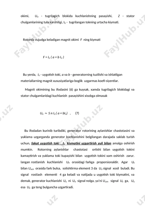 vchanlik xususiyatiga ega bulgan kam uglerodli pulatlardan tayyorlangan. chulgam 7 generatorning tula kuchlanishiga ulangan. prujina 6 yakorcha 4 ni tortib, kontaktlar 2 ni tutash xolda ushlab turadi. rostlagichning volframdan tayyolangan kontaktlari 2 yakorcha va yarmo orkali generatorning uygotish chulgami uch zanjiriga ketma-ket ulangan. kontaktlarning biri yakorcha 4 ga, ikkinchisi esa kuzgalmas plastina 1 ga maxkamlangan. kontaktlarga paralel, uygotish chulgamiga esa ketma-ket kushimcha karshilik rk ulangan. yakorcha 4 termobimetall plastina (tbp) 5 ga urnashtirilgan. rostlagichning ishlash prinsipi . ut oldirish kaliti uok ulan​ganda tok akkumulyator batareyasidan tutash kontaktlar 2, yakorcha 4, yarmo 8, ya’ni karshiligi kam bulgan zanjir orkali uygotish chulgamiga keladi va uning atrofida magnit maydonini xosil kiladi. ayni vaktda tok elektromagnitning chulgami 7 ga xam keladi va uzak 3 ni magnitlaydi. generatorning kuchlanishi ug belgilangan rostlanish kuchlanishi ur dan kam bulganda (ug ur ), oshgan, ya’ni uzak 3 magnit maydonining tortish kuchi, prujina 6 ning tortish kuchidan oshgan dakikada …