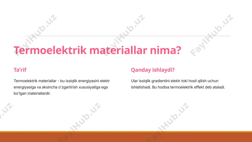 irish muhim masaladir, chunki bu elektr energiyasi ishlab chiqarish narxini pasaytiradi. 2 narx termoelektrik materiallarning narxini pasaytirish, ularning keng koʻlamli qoʻllanilishini taʼminlash uchun muhimdir. 3 chidamlilik termoelektrik materiallarning yuqori haroratlarda va qiyin sharoitlarda chidamli boʻlishi kerak. 11 image2.png image3.png image4.png image5.png image6.png image7.png image8.png image9.png image10.png image11.png image12.png image13.png image14.png image15.png image16.png image17.png