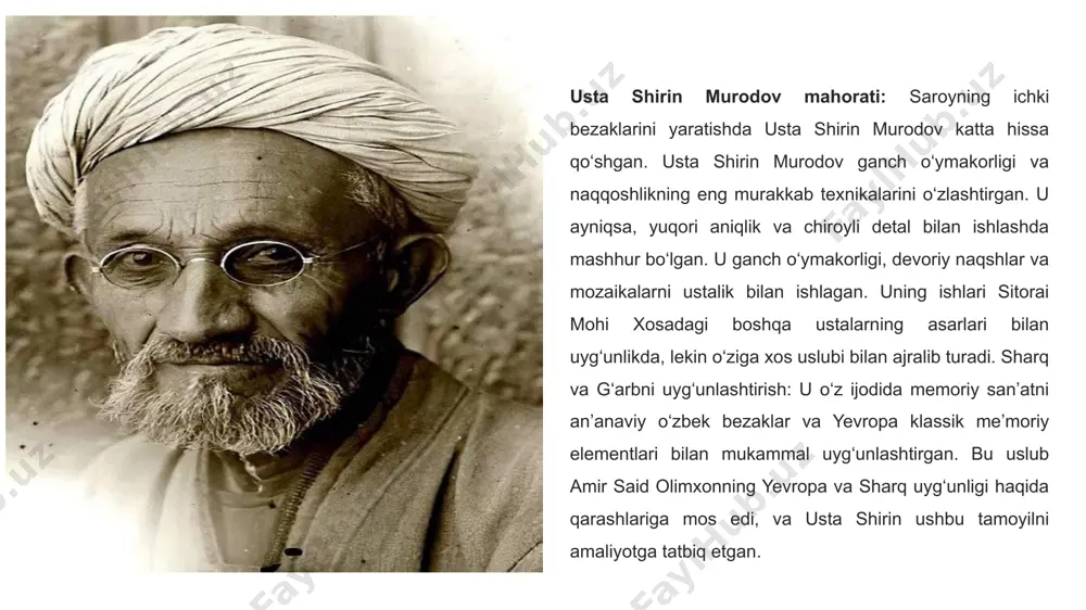 ing yuksak arxitektura va me'moriy bezaklari bilan o‘z zamonida butun regionning siyosiy va madaniy markazi bo‘lib xizmat qilgan. xudoyorxon o‘rdasi, nafaqat o‘z davrining kuchli va barqaror davlatini aks ettiruvchi yodgorlik, balki o‘sha davrning o‘ziga xos madaniyatini va me'moriy nuqtai nazaridan yuksak san'atni namoyish etadigan obidadir xudoyorxon o‘rdasi, qo‘qon xonligi hukmdori xudoyorxon buyrug`iga asosan 1863 yilda qurilishi boshlanib, 1867 yilda yakunlanadi. qurilishda me’mor usta mir ubaydullo muhandis boshchilik qilgan. saroyning bezak ishlari uchun rishtondagi kulolchilik markazidan keramika plitalari olib kelindi, va uning turli qismlarida qo‘qon xonligining hunarmandlari ishtirok etgan. o‘rda to‘rtburchak shaklida, sun’iy tepalikka qurilgan, va uning asosiy darvozaxonasida gumbazli mezanalar mavjud. saroyning umumiy maydoni 4 gektar, poydevori esa 3 metr balandlikda qurilgan. urda – xix asrning ikkinchi yarmida qurilgan xudoyorxon saroyi. qurilish sun'iy tepalikda olib borildi. taxminan 4 gektar to'rtburchaklar maydonini egallagan saroy ko'p hovlili kompozitsiyadir. keng rampa sharqqa qaragan portal bilan ta'kidlangan asosiy kirish eshigiga olib boradi. portalning kirish …