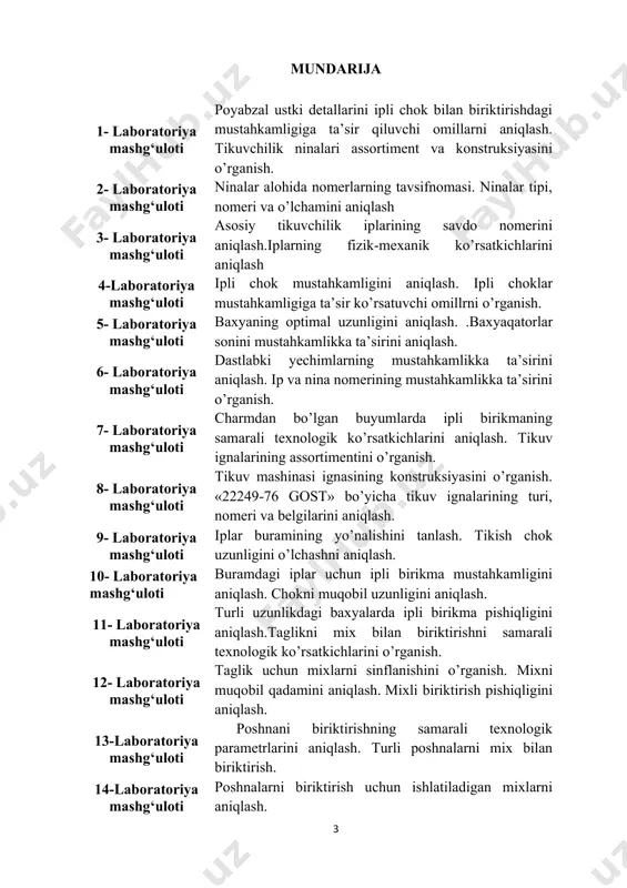 hda qo’llaniladigan quritish jarayonlari. 21-laboratoriya mashg‘uloti turli uslubda quritish samarasini o’rganish. to’xtovsiz quritish uslublarini aniqlash. 22-laboratoriya mashg‘uloti charmni fizik-mexanik xususiyatiga uzluksiz tartibda quritish ta’sirini o’rganish. quritilgan charm namunalarini fizik-mexanik xususiyatlarini aniqlash. 23-laboratoriya mashg‘uloti poyabzalga issiq-namli ishlov berish. poyabzalga issiq-nam ishlov berish rejimlarini aniqlash. 24-laboratoriya mashg‘uloti utoik qurilmasining ishlash rejimini o’rganish. 1-laboratoriya mashg’uloti poyabzal ustki detallarini ipli chok bilan biriktirishdagi mustahkamligiga ta’sir qiluvchi omillarni aniqlash. ishdan maqsad. tikuvchilik ninalari, iplari va ipli choklar mustahkamligi sifatini aniqlash uslublarini o’rganish. ishning tarkibi: tikuvchilik ninalari assortiment va konstruksiyasini o’rganish: - tikuvchilik iplarini assortimentni o’rganish, ularning standartga muvofiqligini aniqlash; - ipli choklar mustahkamligiga ta’sir etuvchi omillarni o’rganish. asboblar, moslamalar, jihozlar: tikuvchilik ninalari assortiment, tikuvchilik iplari asnav'imenti, rt - 250 markali mashina, rm - 3 markali mashina, baxya uzunligini boshqaradigan tikuv mashinasi. namlovchi uskuna, poyabzal ustligi uchun charm, shtangensirkul, yelim nk - konsentratsiyasi 8 % li, analitik tarozi, giri. ishni o’tkazish uchun berilgan ma’lumotlar: to’g’ri burchak …