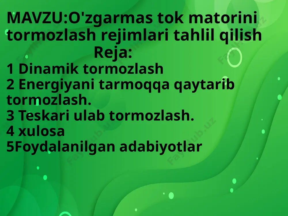ini o‘zgartirish yoki aylanish tezligini chastotali, chastota-tokli va vektor usulida rostlab amalga oshirish mumkin. birinchi holda a) mashina statorini kam qutblar sonidan ko‘p qutblar soniga o‘zgartirib, sinxron tezlik kamaytiriladi butun davr davomida dvigatel ikkinchi kvadrantda ishlayotganda tormozlash energiyani tarmoqqa qaytarish bilan amalga oshiriladi. tezlikni chastota yordamida rostlayotganda stator ta’minot chastotasini asosiydan kamaytira borib,dvigatelni bir mexanik tavsifdan boshqasiga o‘tkaziladi yuritma ishchi nuqtasi ikkinchi kvadrantda joylashgan mexanik tavsif bo‘laklari bo‘yicha harakatlanishi davomida energiyani tarmoqqa qaytarib tormozlash rejimida ishlaydi. dvigatelni ta’minlovchi chastotani ravon va avtomatik ravishda o‘zgartirib ozgina o‘zgaruvchi moment bilan yuritmaning tormozlash rejimini olish mumkin. lekin bunda ma’lum qonuniyat bo‘yicha kuchlanishni ham o‘zgartirish kerak. asinxron dvigatellarda reaktiv statik moment mavjud bo‘lganda energiyani tarmoqqa qaytarib, generator tormozlashni ularning qutblar sonini o‘zgartirish yoki aylanish tezligini chastotali, chastota-tokli va vektor usulida rostlab amalga oshirish mumkin. birinchi holda mashina statorini kam qutblar sonidan ko‘p qutblar soniga o‘zgartirib, sinxron tezlik kamaytiriladi w02 < w01 va bunda butun …