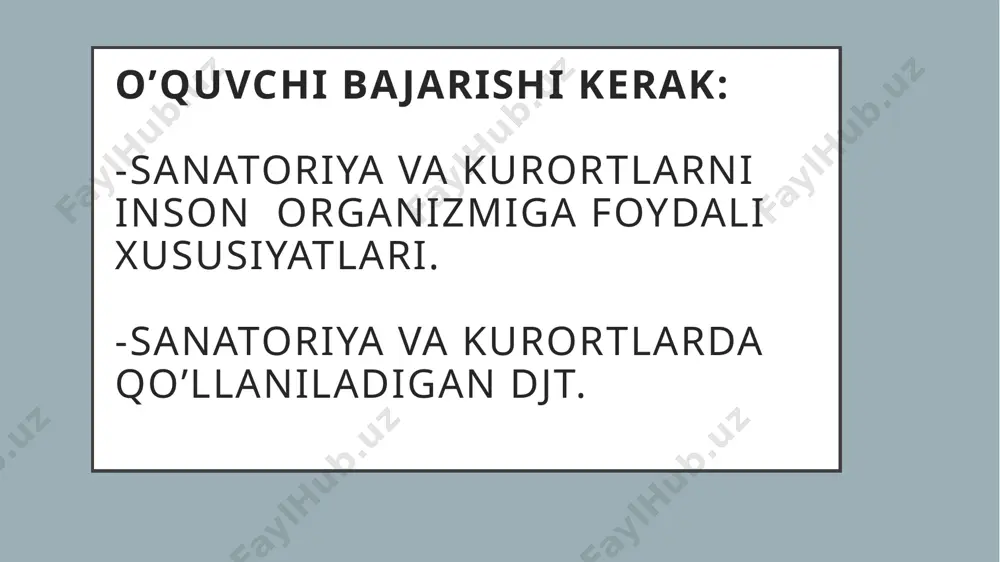 iiy buloqlar mavjud bo‘lgan, bu suvlardan davolashda foydalananish mumkin bo‘lgan joylardir.shifobaxsh suvlar oddiy chuchuk suvlardan o‘zining kimyoviy tarkibi bilan farq qiladi. shunigdek, suvning harorati, mazasi va hidi bilan ajralib turadi. mineral suvlar tarkibida organik moddalar, tuzlar, mineral birikmalar, gazlar mavjud bo‘lishi,ba’zida radioaktiv, yoki ph ko‘rsatkichi bilan ham ajralib turadi.lekin bu suvlarning asosiy ko‘rsatkichi – minerallar, mikroelementlar, gazlar va tarkibining ionlashganidir. bu xususiyatlar inson organizmiga ijobiy ta’sir ko‘rsatadi. balneologik kurortlarda bunday suvlarni ichishda, ingalyatsiyalarda, vanna qilishda, yuvinish, bo‘shliq a’zolarni yuvish (oshqozon, ichaklar, qin bo‘shlig‘i, siydik qopi va o‘t pufagini chayishlar) da qo‘llash mumkin. balchiqli kurortlar. balchiqli kurortlar, deb shifobaxsh balchiqlarga boy, bemorga yoqadigan iqlimga va balchiq bilan davolashga mos jihozlangan sanatoriya va kurortlarga aytiladi.dengiz yaqinida tor yo‘laklarga o‘xshash uzun suv havzalari,dengizdan biroz do‘nglik bilan ajratilgan limanlar ham balchiq bilan davolashda qo‘llaniladi. limanlar ichidagi suvlar dengiznikidan ko‘ra konsentratsiyasi yuqoriroq va tubidagi balchiqning tarkibi o‘zgacharoq bo‘ladi. iqlimli kurortlar. bu kurortlarda asosiy davolovchi vosita …