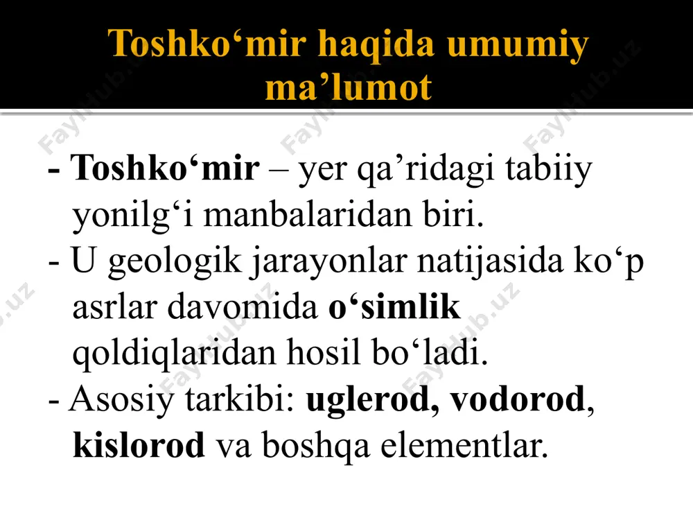 ida keng qo‘llaniladi. issiqlik manbai: issiqlik energiyasini olish uchun ishlatiladi. kimyo sanoati: qo‘ng‘ir ko‘mirni qayta ishlash natijasida sintetik yoqilg‘i, qatron, ammiak va boshqa mahsulotlar olinadi. qishloq xo‘jaligi: ba'zan o‘g‘it sifatida ham foydalaniladi. metallurgiya: po‘lat ishlab chiqarishda koks sifatida. toshko‘mirning iqtisodiyotdagi ahamiyati - toshko‘mir energetika sohasida asosiy yonilg‘i manbalaridan biridir. - metallurgiya va kimyo sanoatida keng qo‘llaniladi. - elektr energiyasi ishlab chiqarishda foydalaniladi. toshko‘mirning ekologik ta’siri - atmosferaga zararli gazlar chiqishi muammosi. - yer va suv resurslariga salbiy ta’siri. - muqobil energiya manbalariga ehtiyojni oshiradi. qiziqarli ma’lumotlar - toshko‘mir qazib olish sanoati 18-asrda rivojlana boshlagan. - dunyoning eng yirik ko‘mir konlari xitoy, aqsh va hindistonda joylashgan. - toshko‘mirning yoshi million yillarga teng. image2.png image3.png image4.png image5.png /docprops/thumbnail.jpeg