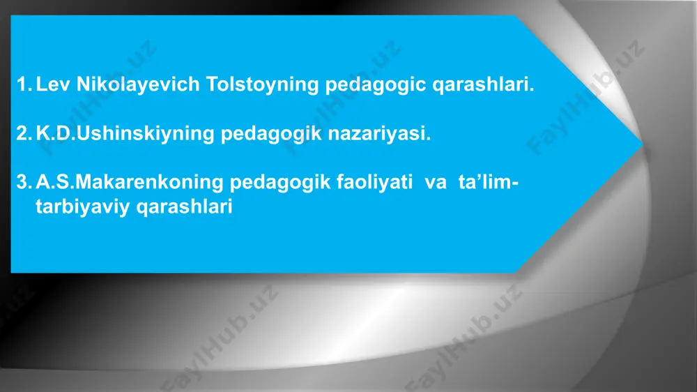 bu sohada uzluksiz izlanish olib boradi va «har bir maktab o’ziga xos bir ta’lim-tarbiya laboratoriyasi bo’lishi kerak» degan talabni qo’yadi, uning yasnaya polyanadagi maktabi ham o’ziga xos tajriba laboratoriyasi edi. o’qituvchining o’quvchilar bilan erkin suhbati asosida tashkil etilgan bu maktabda 7 yoshdan 13 yoshgacha bo’lgan 30-40 nafar dehqon bolalari o’qir edi. bolalardan tashqari, har yili qishloqdagi 3-4 nafar katta yoshdagi kishilar ham ta’lim olar edilar. tolstoy o’zi tashkil etgan maktab uchun unda beriladigan o’qitish mazmuni ham, o’quv rejasini ham mustaqil tarzda ishlab chiqdi. l.n.tolstoy pedagogik faoliyatining so’nggi davri (1880 yildan to umrining oxirigacha) o’ziga xos bosqichdan iboratdir. bu davr tolstoychilik diniy e’tiqodining shakllanishi bilan xarakterlanadi: odamlarga umumiy mehr-muhabbat, barcha gunohlarni kechirish, o’zaro kelishuvchilik, zulmga qarshi zo’ravonlik ko’rsatmaslik va hokazo. tolstoy o’zining diniy-axloqiy ta’limotini dehqonlarning bolalari bilan o’tkazadigan mashg’ulotlarida, shuningdek, katta yoshdagi aholi orasida keng targ’ib qildi. konstantin dmitriy ushinskiy k.d.ushinskiy 1824 yil 19 fevralda tula shahrida tug'ildi. ushinskiy bolalik va …