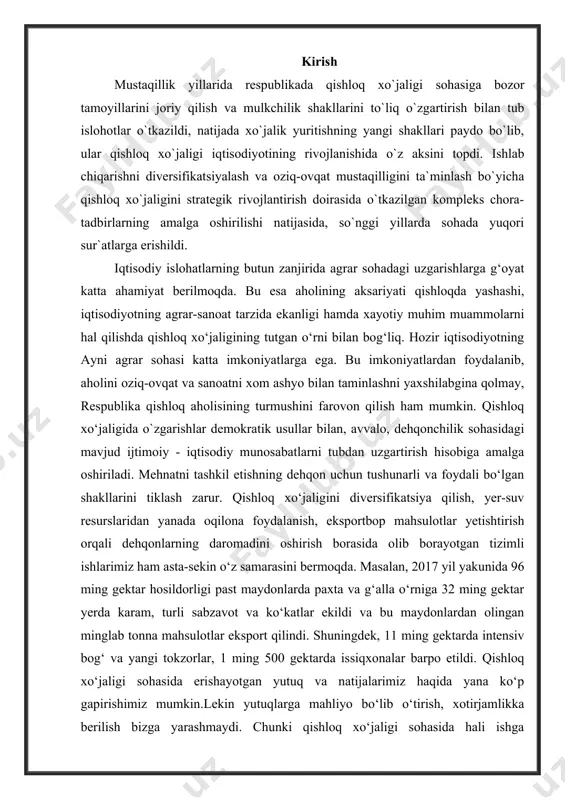 lan, 2017 yil yakunida 96 ming gektar hosildorligi past maydonlarda paxta va g‘alla o‘rniga 32 ming gektar yerda karam, turli sabzavot va ko‘katlar ekildi va bu maydonlardan olingan minglab tonna mahsulotlar eksport qilindi. shuningdek, 11 ming gektarda intensiv bog‘ va yangi tokzorlar, 1 ming 500 gektarda issiqxonalar barpo etildi. qishloq xo‘jaligi sohasida erishayotgan yutuq va natijalarimiz haqida yana ko‘p gapirishimiz mumkin.lekin yutuqlarga mahliyo bo‘lib o‘tirish, xotirjamlikka berilish bizga yarashmaydi. chunki qishloq xo‘jaligi sohasida hali ishga solinmagan imkoniyatlar, o‘z yechimini kutayotgan muammo va kamchiliklar ham juda ko‘pligini barchamiz yaxshi bilamiz. o‘zbekistonni 2017-2021-yillarda yanada rivojlantirish bo‘yicha harakatlar strategiyasida barcha sohalar qatori qishloq xo‘jaligini ham modernizatsiya qilish borasida eng muhim vazifalarni aniq belgilab, ularni izchil amalga oshirib borayotganimiz sohadagi ulkan muvaffaqiyatlarga asos bo‘lib xizmat qilmoqda. qishloq xo‘jaligini joylashtirish mehnatning ijtimoiy bo‘linishi, geografik (hududiy) bo‘linishining bir shakli bo‘lib, u qishloq xo‘jaligi ishlab chiqarishining o‘ziga xos xususiyatlaridan yuzaga keladi. umumiy ko‘rinishda u o‘zida qishloq xo‘jaligi …