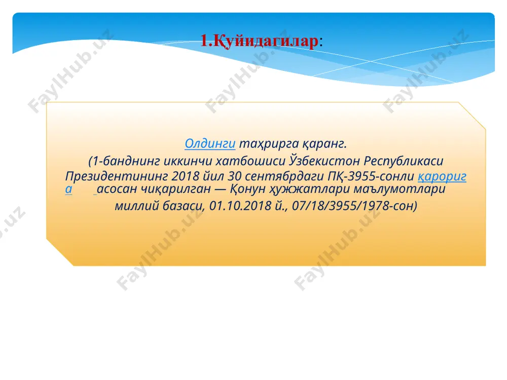 қорақалпоғистон республикаси мактабгача таълим вазирлиги тўғрисидаги низомни тасдиқласин. 14. ўзбекистон республикаси мактабгача таълим вазирлиги адлия вазирлиги ҳамда бошқа манфаатдор вазирликлар ва идоралар билан биргаликда икки ой муддатда қонун ҳужжатларига ушбу қарордан келиб чиқадиган ўзгартиш ва қўшимчалар тўғрисида вазирлар маҳкамасига таклифлар киритсин. 15. мазкур қарорнинг ижросини назорат қилиш ўзбекистон республикасининг бош вазири а.н. арипов, ўзбекистон республикаси президентининг давлат маслаҳатчиси а.н. юнусходжаев ва ўзбекистон республикаси халқ таълими вазири у.и. иноятов зиммасига юклансин. image2.jpg image3.jpg image4.jpg image5.jpg image6.jpg image7.jpeg /docprops/thumbnail.jpeg
