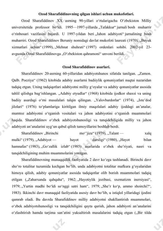 tni totalitar mafkura gʻoyalaridan himoya qilish, adabiy qonuniyatlar asosida tadqiqotlar olib borish muammolari tadqiq etilgan („zaharxanda qahqaha“, 1962; „hayotiylik jozibasi, sxematizm inersiyasi“, 1979; „yurtin madhi boʻldi soʻnggi satri ham“, 1979; „sheʼr koʻp, ammo shoirchi?“, 1983). ikkinchi davr munaqqid faoliyatida asosiy davr boʻlib, u istiqlol yillaridagi ijodini qamrab oladi. bu davrda sharafiddinov milliy adabiyotni shakllantirish muammolari, oʻzbek adabiyotshunosligi va tanqidchiligini qayta qurish, jahon adabiyoti anʼanalarini oʻzlashtirish hamda tarjima sanʼatini yuksaltirish masalalarini tadqiq etgan („bir tilda gaplashaylik“, 1987; „magʻzi puch soʻzlardan bir tosh nari qoch“, 2000; „qaydasan, moriko“, 2002). oʻzbek adabiyoti jahon adabiyoti bilan uygʻun tarzda sharafiddinov oʻzbek adabiyotini jahon adabiyoti bilan uygʻun tarzda oʻrganish anʼanasini boshlab bergan. uning „istiqlol fidoyilari“ (1993), „sardaftar sarlavhalari“ (1999), „maʼnaviy kamolot yoʻllarida“ (2001) kitoblarida abdurauf fitrat, abdulhamid choʻlpon, usmon nosir, abdulla qahhor, oybek, gʻafur gʻulom, maqsud shayxzoda, otajon hoshimov ijodi yangicha nuqtai nazardan tahlil etilgan. „choʻlponni anglash“ (1993) asarida esa yangi oʻzbek tanqidchiligi 20-asrda bosib oʻtgan …