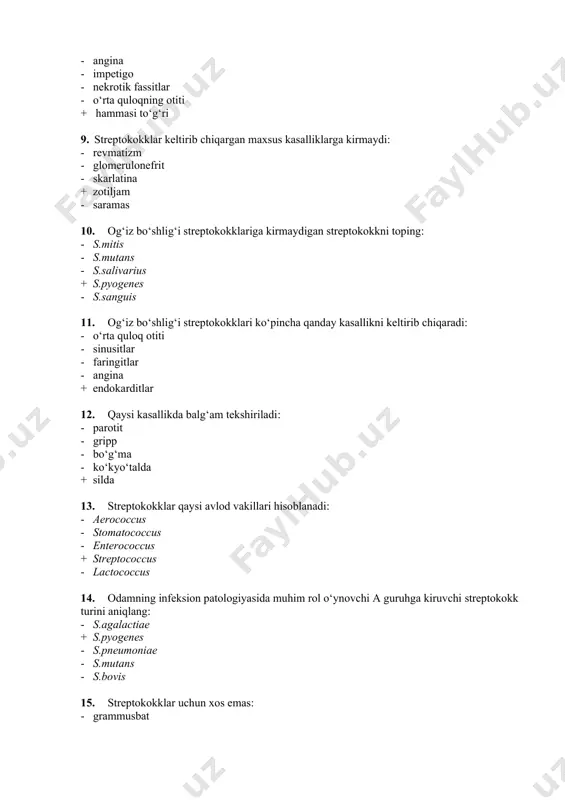 : - grammusbat - oziq muhitga talabchan - zanjirsimon joylashadi + kislotaga chidamli - spora hosil qilmaydi 16. streptokokklarni ajratib olish uchun ishlatiladigan oziq muhitni aniqlang - tuxumli-tuzli agar + qonli agar - endo - gpa - agv 17. pnevmokokklar uchun xos emas: - diplokokklar - lansetsimon + loviyasimon - grammusbat - organizmda kapsula hosil qiladi 18. pnevmokokklar virulentligining asosiy omili: - ekzotoksin - endotoksin + kapsula - gialuronidaza - nukleoid 19. streptokokkli infeksiyalarni maxsus davolashda ishlatiladi: - anatoksin - antitoksin - autovaksinalar + bakteriofag - -laktamlar 20. meningokokk qaysi turga kiradi: - neisseriasicca + n. meningitidis - n. gonorrhoeae - n. mucosa - n. subflava 21. meningokokklar uchun nima xos emas: - grammusbat - diplokokk + streptokokk - harakatsiz - spora hosil qilmaydi 22. meningokokkli infeksiya: - ichak infeksiyasi - virusli infeksiya - sekin kechuvchi infeksiya - opportunistik + havo - tomchi 23. meningokokkli infeksiyalarning yuqish yo‘lini ko‘rsating: + …
