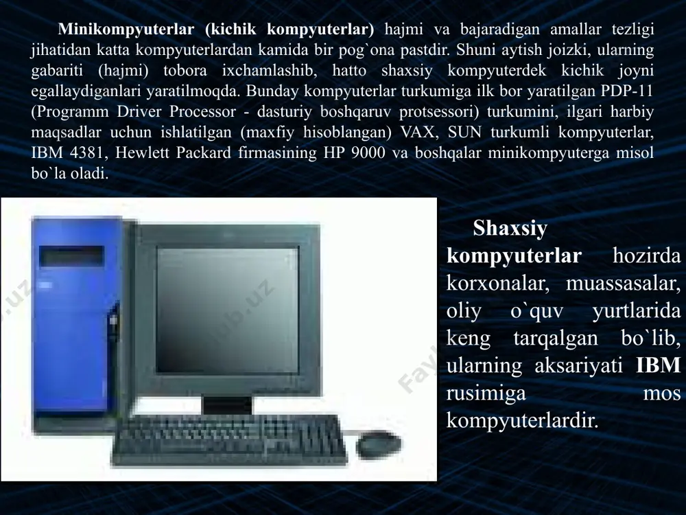 lda ibm firma tomonidan yaratilgan qattiq disk nomi "30ғ30" bo`lgan va bu mashxur winchester miltikning kalibrga o`xshar edi). ular hajm va ishlash tezligi bilan farqlanadi. tezkor xotira mikrosxemalari kompyuterning vaqtinchalik xotirasi. u dasturlar ishlash jarayonida zarur bo`lgan ma`lumotlarni saqlash uchun foydalanadi. kompyuter uchirilgandan keyin shu xotiradagi ma`lumotlar yuqotiladi. kesh xotira mikrosxemalari kompyuter tomonidan dasturlar ishlash jarayonida ko`p ishlatilgan ma`lumotlarni saqlash uchuí foydalanadi. bu xotira tezkor va doimiy xotira o`rtasida joylashadi. kontroller yoki adabterlar ular har xil tashqi kurilmalar ishini ta`minlaydilar. ishlash xolatlari bilan farqlanadi (video plata, tovush plata, tarmok platasi va b). ona platasi motherboard asosiy elektrosxema bo`lib unga protsessor, tezkor va kesh xotira mikrosxemalari, kontroller va adabter elektrosxemalari urnatiladi, qattik disk va disk yurituvchilari ulanadi. disk yurituvchilari bu egiluvchan va kompakt disklardagi ma`lumotlarni o`qish va ularga saqlash ishlarni bajaradigan qismi. elektr ta`minlovchi blok har bir qismning o`ziga mos elektr-quvvat extiyojini ta`minlovchi blok. monitor - displey yoki ekran. ma`lumotlarni ekran …