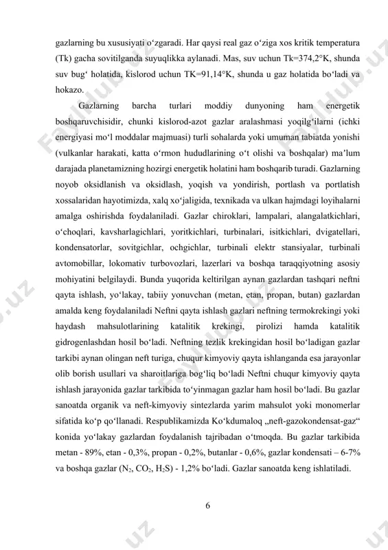 n (metan, etan, propan, butan) gazlardan amalda keng foydalaniladi neftni qayta ishlash gazlari neftning termokrekingi yoki haydash mahsulotlarining katalitik krekingi, pirolizi hamda katalitik gidrogenlashdan hosil boʻladi. neftning tezlik krekingidan hosil boʻladigan gazlar tarkibi aynan olingan neft turiga, chuqur kimyoviy qayta ishlanganda esa jarayonlar olib borish usullari va sharoitlariga bogʻliq boʻladi neftni chuqur kimyoviy qayta ishlash jarayonida gazlar tarkibida toʻyinmagan gazlar ham hosil boʻladi. bu gazlar sanoatda organik va neft-kimyoviy sintezlarda yarim mahsulot yoki monomerlar sifatida koʻp qoʻllanadi. respublikamizda koʻkdumaloq „neft-gazokondensat-gaz“ konida yoʻlakay gazlardan foydalanish tajribadan oʻtmoqda. bu gazlar tarkibida metan - 89%, etan - 0,3%, propan - 0,2%, butanlar - 0,6%, gazlar kondensati – 6-7% va boshqa gazlar (n2, co2, h2s) - 1,2% boʻladi. gazlar sanoatda keng ishlatiladi. molekulalarning o‘lchamini inobatga olinmaydigan va molekulalar o‘rtasiga o‘zaro ta'sirini hisobga olmasa ham bo‘ladigan gazga ideal gaz deb aytiladi. garchi tabiatda bunday gazlar bo‘lmasa ham past bosimdagi gazlarni ideal gazdan iborat deb qarash …