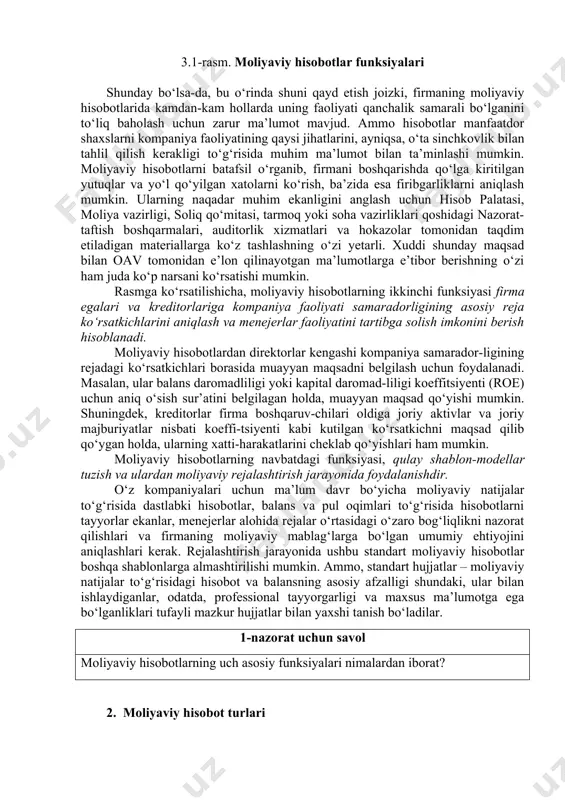 boshqarishda qo‘lga kiritilgan yutuqlar va yo‘l qo‘yilgan xatolarni ko‘rish, ba’zida esa firibgarliklarni aniqlash mumkin. ularning naqadar muhim ekanligini anglash uchun hisob palatasi, moliya vazirligi, soliq qo‘mitasi, tarmoq yoki soha vazirliklari qoshidagi nazorat-taftish boshqarmalari, auditorlik xizmatlari va hokazolar tomonidan taqdim etiladigan materiallarga ko‘z tashlashning o‘zi yetarli. xuddi shunday maqsad bilan oav tomonidan e’lon qilinayotgan ma’lumotlarga e’tibor berishning o‘zi ham juda ko‘p narsani ko‘rsatishi mumkin. rasmga ko‘rsatilishicha, moliyaviy hisobotlarning ikkinchi funksiyasi firma egalari va kreditorlariga kompaniya faoliyati samaradorligining asosiy reja ko‘rsatkichlarini aniqlash va menejerlar faoliyatini tartibga solish imkonini berish hisoblanadi. moliyaviy hisobotlardan direktorlar kengashi kompaniya samarador-ligining rejadagi ko‘rsatkichlari borasida muayyan maqsadni belgilash uchun foydalanadi. masalan, ular balans daromadliligi yoki kapital daromad-liligi koeffitsiyenti (roe) uchun aniq o‘sish sur’atini belgilagan holda, muayyan maqsad qo‘yishi mumkin. shuningdek, kreditorlar firma boshqaruv-chilari oldiga joriy aktivlar va joriy majburiyatlar nisbati koeffi-tsiyenti kabi kutilgan ko‘rsatkichni maqsad qilib qo‘ygan holda, ularning xatti-harakatlarini cheklab qo‘yishlari ham mumkin. moliyaviy hisobotlarning navbatdagi funksiyasi, …