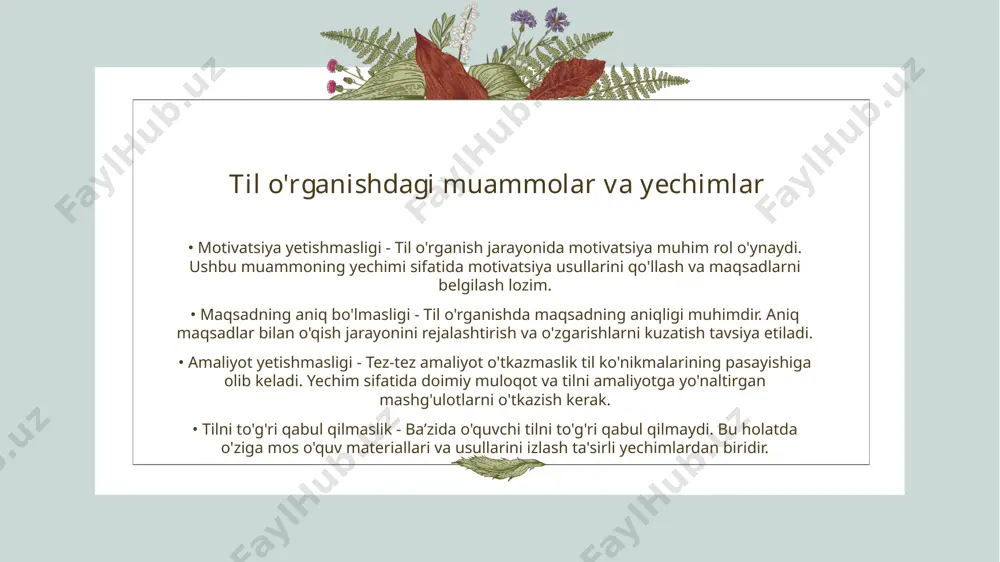 tuyg'ular aks etadi • ovoz va uslub - o'zbek xalq qo'shiqlari asosan an'anaviy musiqiy asboblar bilan ijro etiladi va ularning qo'shig'i xalq ruhiyatini ifodalaydi • madaniy ahamiyati - xalq qo'shiqlari nafaqat o'zbek tilining go'zalligini ko'rsatadi balki milliy birlik va maqomni saqlashda muhim ahamiyatga ega o'zbek tilida yozish san'ati • yozuv uslubi - o'zbek tilida yozish san'ati yozuv uslubi va shaxsiy ifodani o'z ichiga oladi • til boyligi - o'zbek tilining boy leksikasi va ma'no qatlamlari ijodiy yozuvda ahamiyatga ega madaniy meros va uning saqlanishi • madaniy merosning ahamiyati - madaniy meros xalqimizning tarixiy va madaniy qadriyatlarini aks ettiradi bular bizning kimligimizni va kelajagimizni belgilaydi • boshqaruv va saqlash - madaniy merosni saqlash uchun davlat va jamiyat birgalikda ishlashi zarur bu saqlash vositalari madaniyatimizni kelajak avlodlarga yetkazish imkonini beradi • ta'lim va targ'ibot - madaniy merosni kelajak avlodlarga o‘rgatish va targ’ib qilish ta'lim tizimida muhim o‘rin egallaydi bu orqali xalqimizda madaniyatga …