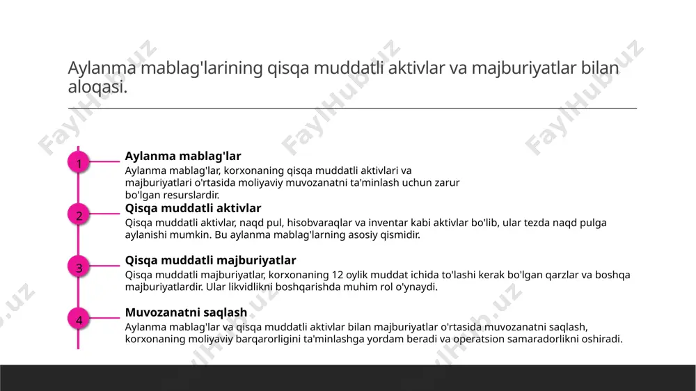 rqarorligini ta'minlashda asosiy o'rin tutadi, chunki ular ishlab chiqarish jarayonlarini va pul oqimlarini barqarorlashtiradi. investitsiya yondoshuvlari moliya siyosati orqali aylanma mablag'larni boshqarish, xorijiy va mahalliy investitsiyalarni jalb etish, iqtisodiy o'sishni rag'batlantiradi. xulosa aylanma mablag'larining ahamiyati aylanma mablag'lar korxonalarning moliyaviy barqarorligini ta'minlaydi, qisqa muddatli majburiyatlarni bajarishda muhim rol o'ynaydi. ular samarali boshqarilishi zarur. boshqarish tamoyillari aylanma mablag'larni boshqarish uchun asosiy tamoyillar moliyaviy rejalashtirish, monitoring va nazorat, shuningdek, resurslardan samarali foydalanishdir. bu korxonalar muvaffaqiyatini oshiradi. innovatsion yondoshuvlar o'zbekistonda aylanma mablag'larni boshqarish innovatsion yondoshuvlar orqali rivojlanmoqda. bu, raqobatbardoshlikni oshirish va iqtisodiy barqarorlikni ta'minlashda muhimdir. foydalanilgan adabiyotlar 1. javlonov a. korxona aylanma mablag'lari va ularni boshqarish. o'zbekiston iqtisodiyoti, 2022 2. saidov i. aylanma mablag'lar: nazariya va amaliyot. o'zbekiston moliya jurnali, 2023 3. ruziev d. aylanma mablag'larni boshqarish usullari va ularning o'zbekistondagi roli. o'zbekiston biznes va iqtisodiy tadqiqotlar, 2021 4. tukhtaboev r. korxona aylanma mablag'lari: muammolar va yechimlar. o'zbekiston moliyaviy tahlil, 2023 5. murodov s. …