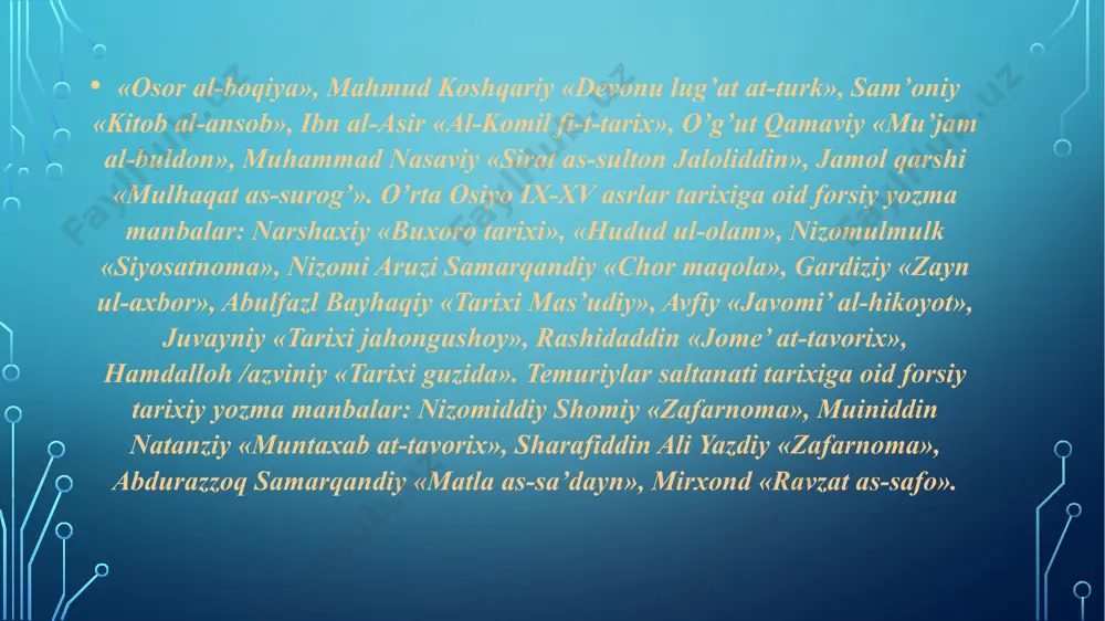 ishdan bosh tortdilar. mamlakatda yuz bergan ijtimoiy-siyosiy parokandachilikdan qoraxoniylar ustalik bilan foydalandilar. ular 996 yili zarafshonning shimoliy tarafidagi barcha yerlarni, 999 yili esa buxoroni ishg’ol etib, somoniylar hukmronligiga barham berdilar. qoraxoniylar (x asrning 90-yillarida sharqiy turkiston, yettisuv va tyanshanning janubiy qismida tashkil topgan feodal davlatga asos solgan sulola) 996-999 yillari nasr ibn ali (1012-yili vafot etgan) boshchiligida butun movarounnahrni egalladi. faqat somoniylar lashkarboshisi abu ibrohim ismoil (muntasir) 1001 yilgacha qoraxoniylar bilan kurashdi, lekin ulardan ustun kelolmadi. nasr ibn alidan keyin movarounnahrni iligxon ali takin(1034 yilning kuzida vafot etgan) idora qildi. 1025 yili koshg’ar xoni qodirxon (tamg’ochxon) bilan mahmud ғaznaviy (998-1030-yy.) birgalikda movarounnahr ustiga yurish boshladilar. ali takin buxoro va samarqandni qoldirib cho’lga chekinishga majbur bo’ldi. ittifoqchilar movarounnahrda o’zlarining harbiy-siyosiy mavqelarini mustahkamlay olmadilar va uni tashlab chiqishga majbur bo’ldilar. o’rta osiyoning xvi-xix asrlar tarixiga oid fors-tojik tilidagi yozma manbalar: mulla shodiy «fathnoma», fazlulloh ibn ruzbexon «mehmonnomai buxoro», xondamir «habib as-siyar», zayniddin …