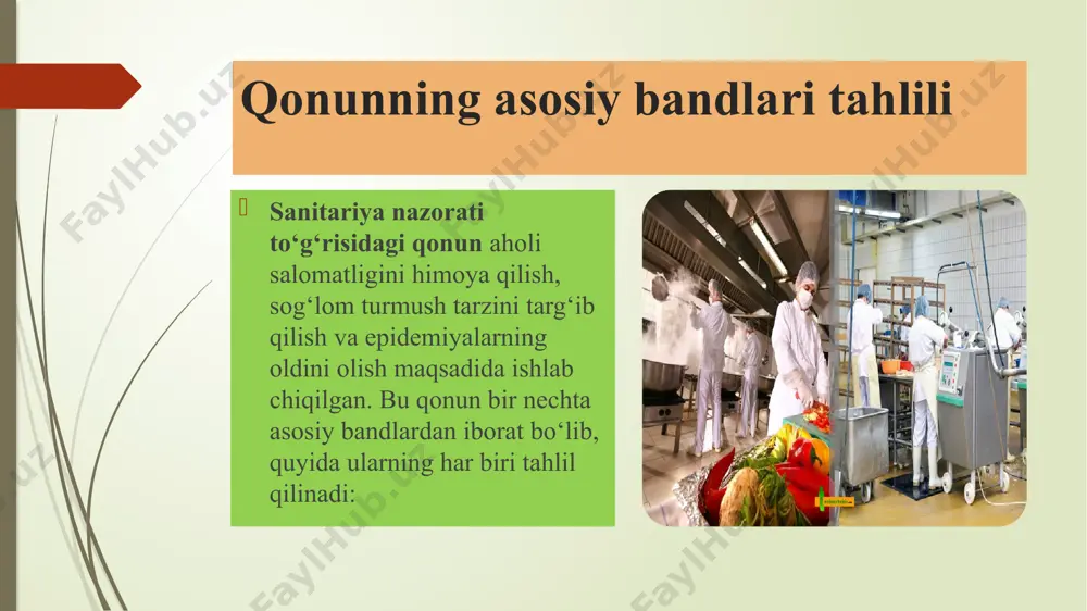 ’minoti, kanalizatsiya va oqova suvlarni tozalash tizimlarini, gidrotexnika inshootlarini, boshqa obyektlarni sanitariya normalariga, qoidalari va gigiyena normativlariga rioya etmagan holda va davlat sanitariya nazorati idoralari bilan kelishmasdan turib loyihalaganlik, qurganlik, qayta qurganlik uchun; bosh davlat sanitariya vrachlari va ularning o‘rinbosarlari qo‘llaydigan ma’muriy javobgarlik choralari bosh davlat sanitariya vrachlari va ularning o‘rinbosarlari sanitariya qonunlari, sanitariya normalari, qoidalari va gigiyena normativlari buzilgan, davlat sanitariya nazoratini amalga oshirayotgan mansabdor shaxslarning ko‘rsatmalari bajarilmagan taqdirda aybdor shaxslarni ma’muriy javobgarlikka tortish, shu jumladan quyidagi miqdorda jarima solish huquqiga egadirlar: sanitariya normalari, qoidalari va gigiyena normativlarini buzish natijasida keltirilgan zararning o‘rnini qoplash mulkchilikning shakllaridan qat’i nazar, sanitariya qonunlarini buzishda aybdor bo‘lgan korxonalar, muassasalar, tashkilotlar, birlashmalar va alohida shaxslar shikastlanganlarni davolash va ularning salomatligini tiklash, davolash-profilaktika tadbirlariga, sanitariya holatini yaxshilash va epidemiyaga qarshi tadbirlarni amalga oshirishga sarflangan xarajatlarni o‘zbekiston respublikasining qonunlariga muvofiq to‘lashlari shart. xulosa: sanitariya nazorati to‘g‘risidagi qonun — aholi salomatligini saqlash, yuqumli kasalliklarning oldini olish va …