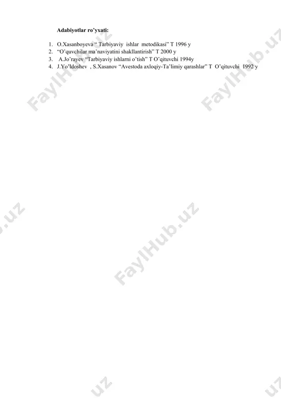 i o’rganish. 1. tarbiyaviy ishlarni tashkil etishda ota-onalar qo’mitasi isshini o’rganish va takliflar kiritish. adabiyotlar ro’yxati: 1. o.xasanboyeva “ tarbiyaviy ishlar metodikasi” t 1996 y 1. “o’quvchilar ma’naviyatini shakllantirish” t 2000 y 1. a.jo’rayev “tarbiyaviy ishlarni o’tish” t o’qituvchi 1994y 1. j.yo’ldoshev , s.xasanov “avestoda axloqiy-ta’limiy qarashlar” t o’qituvchi 1992 y