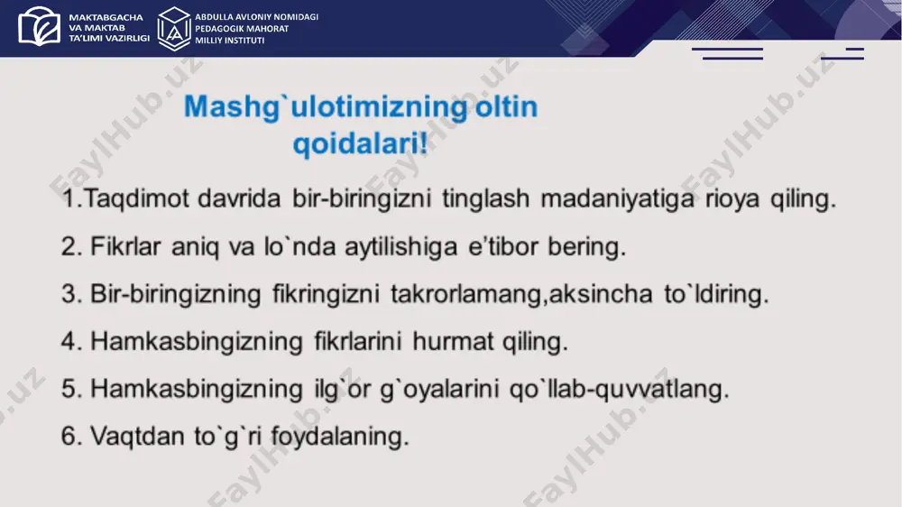 ge8.png ppt/media/image9.jpeg ppt/media/image25.jpeg ppt/media/image28.jpeg ppt/notesmasters/_rels/notesmaster1.xml.rels ppt/media/image31.jpeg ppt/media/image32.jpeg ppt/media/image18.jpeg ppt/media/image34.jpeg ppt/media/image35.jpeg ppt/media/image16.jpeg ppt/media/image36.jpeg docprops/thumbnail.jpeg ppt/media/image21.jpeg ppt/media/image17.jpeg ppt/media/image19.jpeg ppt/media/image30.jpeg ppt/media/image20.jpeg ppt/presprops.xml ppt/viewprops.xml ppt/tablestyles.xml ppt/media/media1.mp4 docprops/core.xml ppt/media/media2.mp4 docprops/app.xml ppt/media/image10.png ppt/media/image11.png ppt/media/image12.png ppt/media/image13.png ppt/media/image14.png ppt/media/image15.png ppt/media/image26.png ppt/media/image27.png ppt/media/image29.png ppt/media/image33.png ppt/slides/slide10.xml ppt/slides/slide18.xml ppt/slides/slide27.xml ppt/slides/slide29.xml [content_types].xml _rels/.rels docprops/custom.xml mavzu: ta’lim olish muhiti va uning xavfsizligini ta’minlash ma’ruzachi : itolmazova g.k. style.visibility 2.ta’lim muassasalarida huquqiy ong va huquqiy madaniyatni shakllantirish . reja : a b 3. bola huquqlari to‘g‘risidagi konvensiya . c d 4.bola huquqlarini himoya qilish bo‘yicha xalqaro tajribalar . 1.ta’lim olish muhitida xavfsizlik turlari . style.visibility ppt_x ppt_y style.visibility style.visibility style.visibility ushbu tasvir bugungi mavzuimizni bilib olishimizda bizga yordam beradimi ? taʼlim jarayoni taʼlim beruvchi – oʻqituvchi va taʼlim olayotgan oʻquvchilar faoliyatining yigʻindisidan iborat . . taʼlim va tarbiya jarayonida shaxsning sifatlari , dunyoqarashi , qobiliyati oʻsadi . ta’lim olish muhiti tushunchasi taʼlim avlodlar oʻrtasidagi maʼnaviy vorislikni taʼminlaydi : kishilarning ijtimoiy-tarixiy tajribalari yosh avlodga taʼlim …