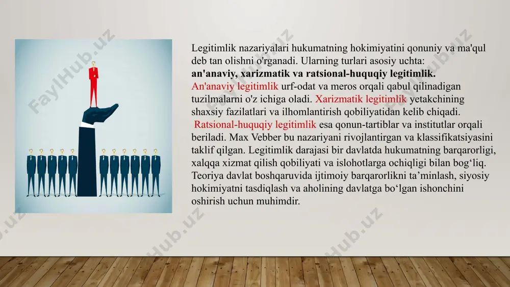 iy osiyo barometri natijalariga ko'ra, oqilona boshqaruv va shaffoflik talablarini qondirishga oid dasturlar ishtirokchilarning 72 foizida ijobiy ta'sir ko'rsatgan. bu omillar xalq ishonchini oshirish va siyosiy hokimiyat barqarorligini ta'minlashda muhim ahamiyat kasb etadi. siyosiy hokimiyat — bu jamiyatda davlat hokimiyati yoki boshqaruvni amalga oshirish huquqini ifodalaydi. siyosiy hokimiyat biror davlat yoki jamiyatda ko‘plab resurslarni, qarorlarni, qonunlarni va boshqaruv tizimlarini nazorat qilishga imkon beruvchi kuch yoki vakolatdir.siyosiy hokimiyatning asosiy elementlari: qonunchilik – davlatning qonunlarini ishlab chiqish va ularga amal qilishni ta’minlash. ijroiya – davlatni boshqarish, qarorlar chiqarish va ularni amalga oshirish. sud hukmronligi – sud tizimining mustaqil ishlashi va qonunlarni tatbiq etish. siyosiy partiyalar va harakatlar – siyosiy hokimiyatni qo‘lga kiritish uchun kurash olib boradigan tashkilotlar va individlar. siyosiy hokimiyatning ikki asosiy shakli mavjud: markazlashtirilgan hokimiyat – hokimiyatning ko‘p qismini davlatning yuqori organlari (prezident, parlament) qo‘lida jamlagan tizim desentralizatsiya – hokimiyatni turli hududiy va mahalliy darajalarga taqsimlash, shunda har bir hudud …