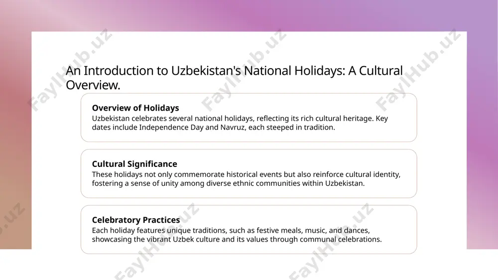 ural identity. sweet symbolism sweets like baklava and halva are integral to celebrations, symbolizing joy and prosperity. they are often served during festive gatherings, enhancing the celebratory atmosphere. community unity: the role of national holidays in uzbek society. 1 cultural significance uzbekistan's national holidays foster a sense of cultural pride, allowing communities to celebrate their rich heritage and preserve traditional customs through collective participation. 2 strengthening bonds these holidays serve as platforms for families and friends to gather, reinforcing social ties and creating a sense of belonging among diverse ethnic groups within uzbekistan. 3 collective identity national holidays play a crucial role in shaping a unified uzbek identity, promoting shared values, history, and aspirations, which contribute to societal cohesion and harmony. the role of national holidays in shaping uzbek national identity. 1 cultural identity national holidays in uzbekistan play a crucial role in reinforcing cultural identity, showcasing traditions, folklore, and …