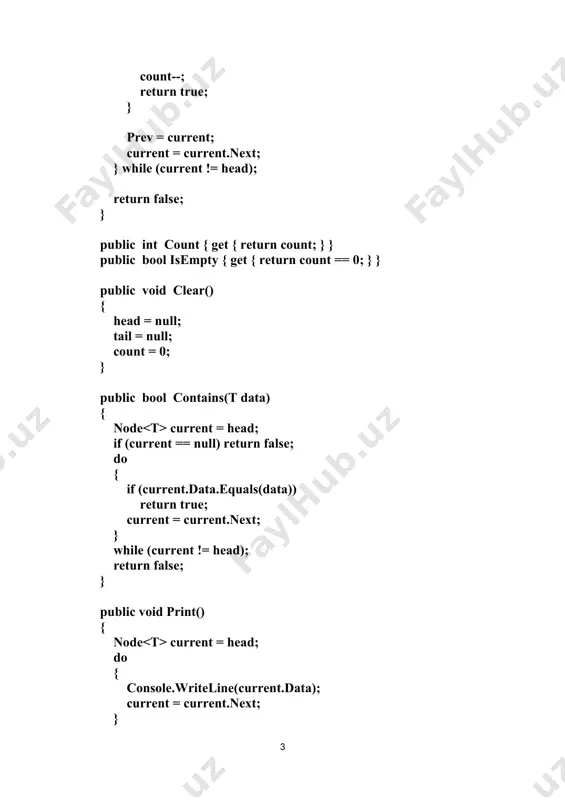 mentni o’chirish public bool remove(t data) { dnode current = head; dnode removeditem = null; if (count == 0) return false; // o’chiriladigan tugunni qidirish do { if (current.data.equals(data)) { removeditem = current; break; } current = current.next; } while (current != head); if (removeditem != null) { //agar ro’yxatning yagona elementi o’chirilsa if (count == 1) head = null; else { // agar birinchi elementi o’chirilsa if (removeditem == head) { head = head.next; } removeditem.prev.next = removeditem.next; removeditem.next.prev = removeditem.prev; } count--; return true; } return false; } public int count { get { return count; } } public bool isempty { get { return count == 0; } } public void clear() { head = null; count = 0; } public bool contains(t data) { dnode current = head; if (current == null) return false; do { if (current.data.equals(data)) return true; current = current.next; } while (current …