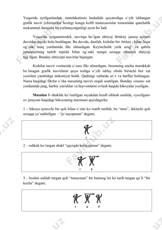 qqa etkazish ehtiyoji tug`ilgan. bunday ehtiyojni tasvirlar bajargan. kishilar tasvir vositasida o`zaro fikr almashgan. insonning uncha murakkab bo`lmagan grafik tasvirlarni qoya toshga o`yib ishlay olishi birinchi bor xat yozishni yaratishga imkoniyat boldi. qadimgi xatlarda so`z va harflar bolmagan. narsa haqidagi fikrlar o`sha narsaning tasviri orqali uzatilgan, bunday «rasm» xat yordamida jang, harbiy yurishlar va hayvonlarni ovlash haqida hikoyalar yozilgan. masalan 8–shaklda ko`rsatilgan suyakdan kesib ishlash usulida, «yozilgan» ov jarayoni haqidagi hikoyaning mazmuni quyidagicha: 1 – hikoya aytuvchi bir qoli bilan o`zini ko`rsatib turibdi, bu “men”, ikkinchi qoli uzoqqa yo`naltirilgan – “jo`nayapman” degani; 2 – eshkak ko`targan shakl “qayiqda ketayapman” degani; 3 – boshni ushlab turgan qoli “tunayman” bir barmog`ini ko`tarib turgan qo`li “bir kecha” degani; 4 –“orol o`rtasidagi o`tovda”, o`tov (koza, yashash joy) nuqta bilan tasvirlangan; 5 –“yurishni davom ettiraman”; 6 –“odam yashaydigan joyda” (yashash joyini ko`rsatadigan..nuqta yo`q); 7 –“u erda ikki kecha tunayman” (ikkita ko`tarilgan qol bosh yonida va …