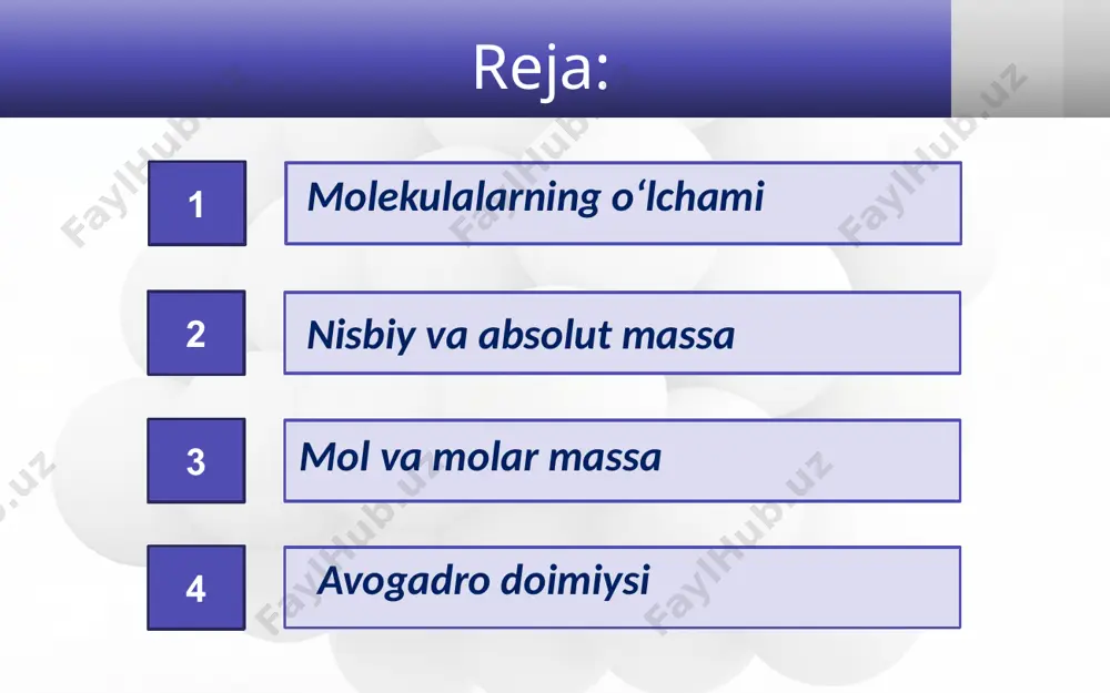 adi modda molar massasining son qiymati uning nisbiy molekular massa siga (mr) teng. 1 mol suv = 18 g mr (h2o) = 18 suv molekulasi kislorodning molar massasi 0,032 kg/mol yoki 32 g/mol. suvning molar massasi 0,018 kg/mol yoki 18 g/mol. atom holidagi kislorod molar massasi 0,016 kg/mol yoki 16 g/mol. image2.jpg image3.png image4.png image5.jpeg image6.jpeg image7.png image8.jpeg image9.jpeg image10.jpeg image11.jpeg image12.jpeg image13.jpeg image14.jpeg image15.jpeg image16.jpeg image17.jpeg image18.jpeg image19.png image20.jpeg image21.jpeg image22.jpeg image23.png image24.jpeg image25.jpeg image1.jpg