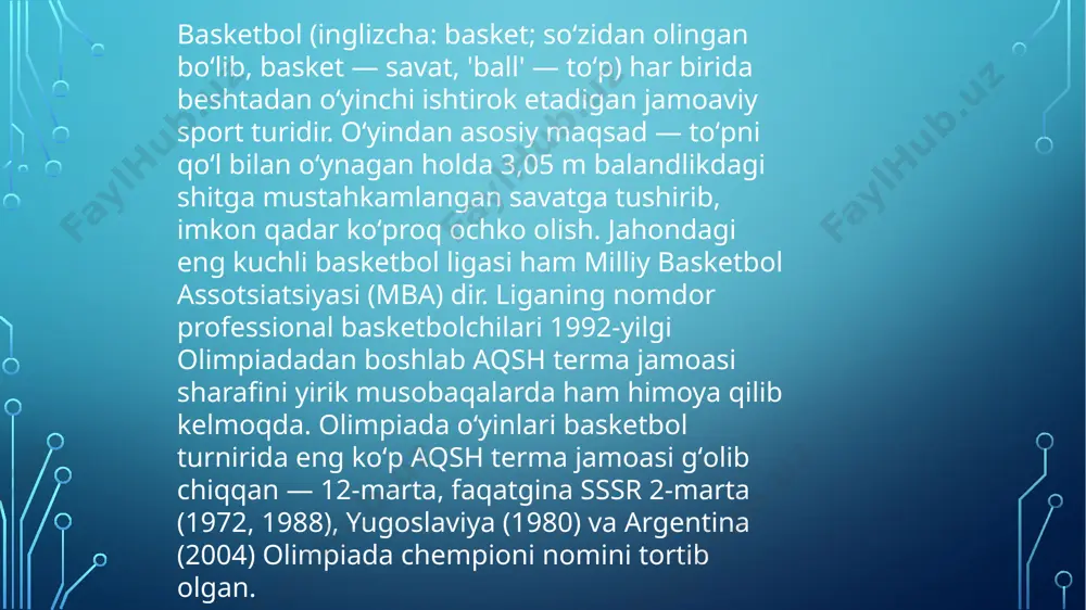 savatga tushirish. jamoa himoyalanayotganda esa, uch ochkolik zarbalardan savatni himoya qilish. ularni jamoaning „snayperi“ deb ham atash mumkin. ular chaqqon va tezkor boʻlishadi. shuningdek, yaxshi sakray olishadi. oʻrtacha boʻyi taxminan 193–201 sm ni tashkil qiladi. shuni alohida taʼkidlash lozimki, koʻplab basketbol afsonalari, masalan, michael jordan, reggie miller, clyde drexler, oscar robertson, jerry west, allan houston, allan iverson, kobe bryant, dwayne wade kabilar aynan hujumkor himoyachi boʻlishgan. hozirgi kunda oʻynayotgan nba oʻyinchilaridan james harden va klay thompsonni ham alohida aytib oʻtish mumkin. . odatda, basketbol oʻyinchilari quyidagi pozitsiyalarda oʻynashadi: pleymeyker (ing. point guard, pg); jamoaning „miya“si. hamma hujumlar aynan shu oʻyinchi orqali boshlanadi. u maydondagi barcha oʻyinchilarning joylashuvi vaziyatini va imkoinyatlarini oʻrganib, hujum uchun kerakli yoʻnalishni tanlaydi. toʻp bilan muomala qilish darajasi juda yuqori. maydonni yaxshi koʻra olishadi. himoya vaqtida esa raqib tezkor qarshi hujumga oʻtib ketishining oldini olishadi. jamoaning boshqa oʻyinchilariga nisbatan biroz past boʻyli boʻlishi ham mumkin. oʻrtacha boʻyi …