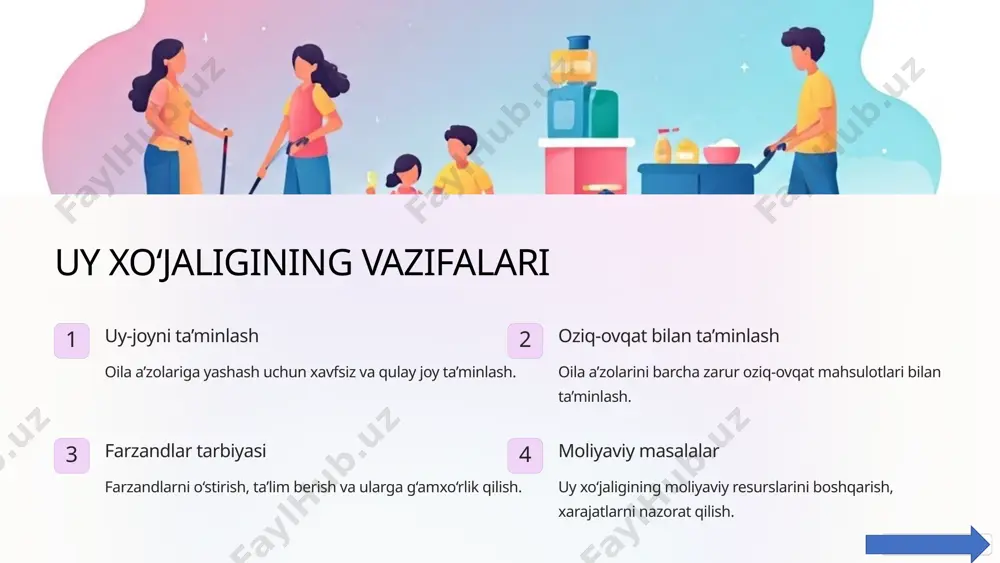 suburban uy xo‘jaliklari. har biri o‘z muhitiga mos tarzda faoliyat ko‘rsatadi. iqtisodiy darajasiga ko‘ra: o‘rta daromadli, yuqori daromadli va past daromadli uy xo‘jaliklari. ijtimoiy iqtidorlarga ko‘ra: bu turli xildagi uy xo‘jaliklari iqtisodiy faoliyatni shakllantirishda muhim rol o‘ynaydi va har birining o‘ziga xos xususiyatlari, ehtiyojlari va imkoniyatlari bo‘ladi. sotib olish maqsadida: uy xo‘jaliklari o‘z ehtiyojlari uchun tovar yoki xizmatlarni sotib olishni maqsad qiladi. investitsiya maqsadida: mablag‘larini yangicha imkoniyatlar orqali ko‘paytirishga harakat qiluvchi uy xo‘jaliklari. maqsadlariga ko‘ra: talablari va resurslar: uy xo‘jaliklari o‘z ehtiyojlarini qondirish uchun mavjud resurslarni (daromad, vaqt, mehnat) qanday taqsimlashini o‘rganadi. bu jarayonda iqtisodiy qarorlar qabul qilish, xarajatlarni nazorat qilish va investitsiya qilish muhimdir. iste'mol va ishlab chiqarish: uy xo‘jaliklari iste'molchi sifatida bozorga xarid qilish orqali talabni shakllantiradi, ishlab chiqaruvchi sifatida esa mehnat va kapital kiritish orqali daromad olish imkoniyatlariga ega bo‘ladi. moliya va budjetni boshqarish: iqtisodiy faoliyat doirasida uy xo‘jaliklari o‘z moliyaviy resurslarini rejalashtirish, tejash va mablag‘larni samarali …