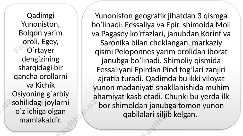 ning dengiz savdosiga yo’l ochdi. korinf va saronik qo’ltiqlari orasidagi tog’lik hududda megara shahri joylashgan. korinf qo’ltig’idan so’ng peleponnes yarim oroliga o’tish mumkin. uning markazida arkadiya balandligi turadi. lakoniya va messeniya viloyatlari yarimorol g’arbida joylashgan. bu viloyatlarda g’alla ekilgan. messeniyadan shimolda elida viloyati joylashgan bo’lib, alfey va kladey daryolari qo’shilish joyida har 4 yilda bir marta olimpiya o’yinlari o’tkaziladigan olimpiada joylashgan. ellidadan shimolda axeya viloyati turadi. yunonistonning iqlimi yumshoq, harorati 16 c ni tashkil etadi. landshafti qadimda hozirgidan farq qilgan. qalin o’rmonlar ko’p bo’lib, tuproq hozirgidek toshloq bo’lgan. faqat ozgina yer unumdor bo’lgan. er. avv. vi asrgacha faqat bug’doy va tariq ekilgan. keyin esa uzum va zaytun bu ekinlarni siqib chiqargan. yunonistonda oltin yo’q. mis juda ko’p. xalqida shahrining nomi ham “mis” degan ma’noni bildiradi. bu yerdan mis qazib chiqarilgan. beotiya va lakoniyada sifati past temir, tasos va sifnos orollaridan er. avv. viii – vi asrlardan kumush qazib olingan. er. …