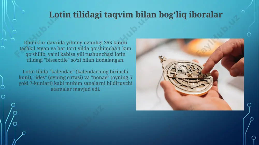 rim taqvimining kelib chiqishi rim taqvimi miloddan avvalgi 753-yilda rim shahrining asos solingan yilidan boshlab, 12 oylik tizimga asoslangan bo'lib, qish fasli yanvar oyidan boshlangan. rim taqvimining rivojlanishida yulduzlarning harakatlari kuzatilgan va quyosh yili uzunligini aniqlash uchun turli xil hisob-kitoblar, jumladan, 365 kunlik quyosh yili va kabisa yillari hisobga olingan. rim taqvimining boshqa madaniyatlarga ta'siri rim taqvimining haftaning 7 kunlik tizimi, yunon mifologiyasidan kelib chiqqan bo'lsa-da, rim imperiyasi orqali butun dunyoga tarqalib, global madaniy standartga aylandi. rim taqvimining 365 kunlik tsikli, 12 oyga boʻlinishi va kabisa yili tizimi koʻplab keyingi taqvimlar, jumladan, grigorian taqvimining shakllanishiga sezilarli ta'sir ko'rsatdi. taqvimda ishlatilgan lotincha atamalar haftaning kunlari nomlarining 7 tasi ham, mars, venera kabi rim mifologiyasidagi xudolarning nomlaridan kelib chiqqan lotincha kelib chiqishga ega. rim taqvimida 12 oyning nomi, lotin tilidan olingan bo'lib, yanvar (januarius), fevral (februarius) kabi atamalar hozirgi kunda ham ishlatiladi. e'tiboringiz uchun rahmat @taqdimot_robot image3.jpg image4.jpg image5.jpg image6.jpg image7.jpg image8.jpg …
